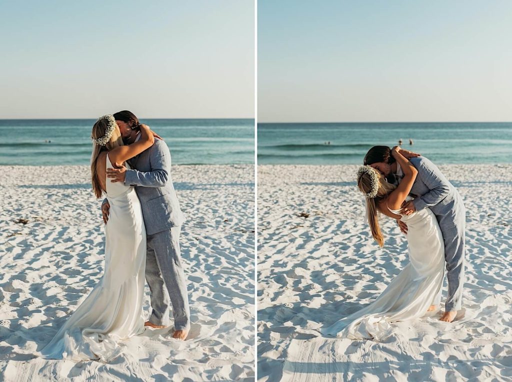 Bride and groom beach wedding ceremony first kiss