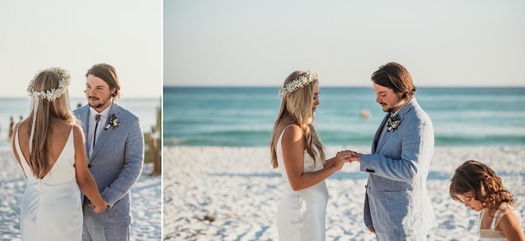 Bride and groom beach wedding ceremony ring exchange