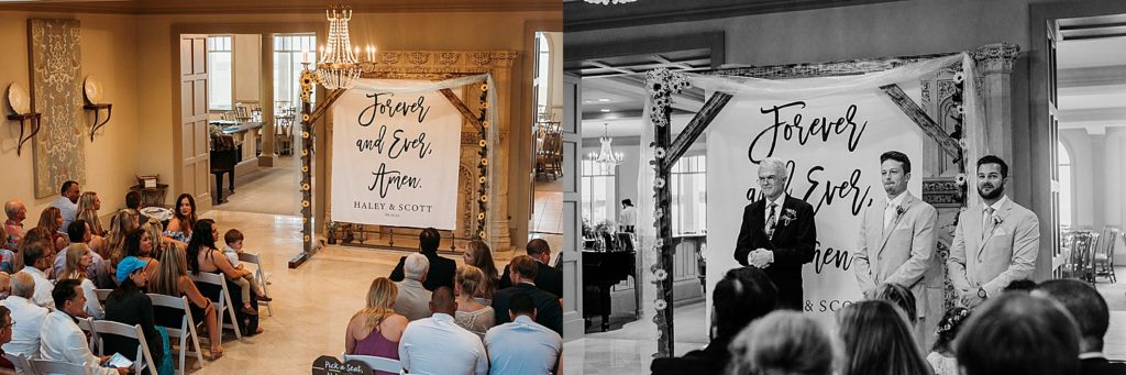 groom sees bride for the first time walking down the aisle of intimate Florida wedding 
