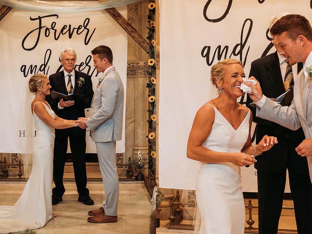 groom holds hands of new bride during ceremony of Florida wedding 
