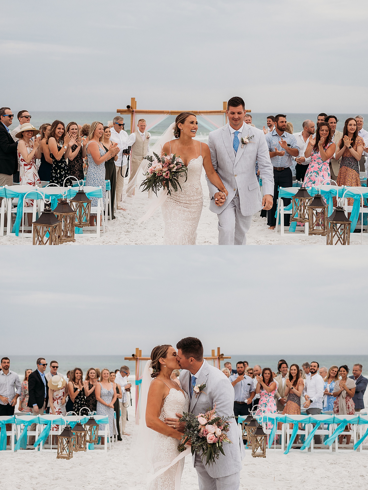 bride and groom walk back up the aisle and share a kiss at mainsail resort 