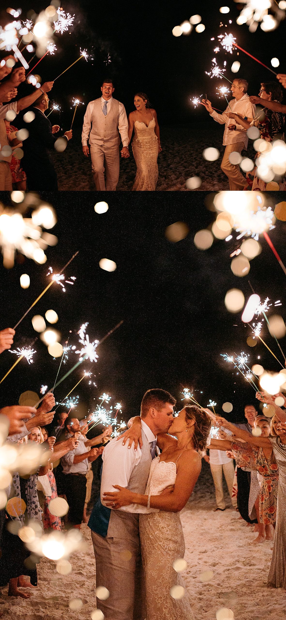 bride and groom walk through sparkler exit barefoot holding hands and sharing a kiss