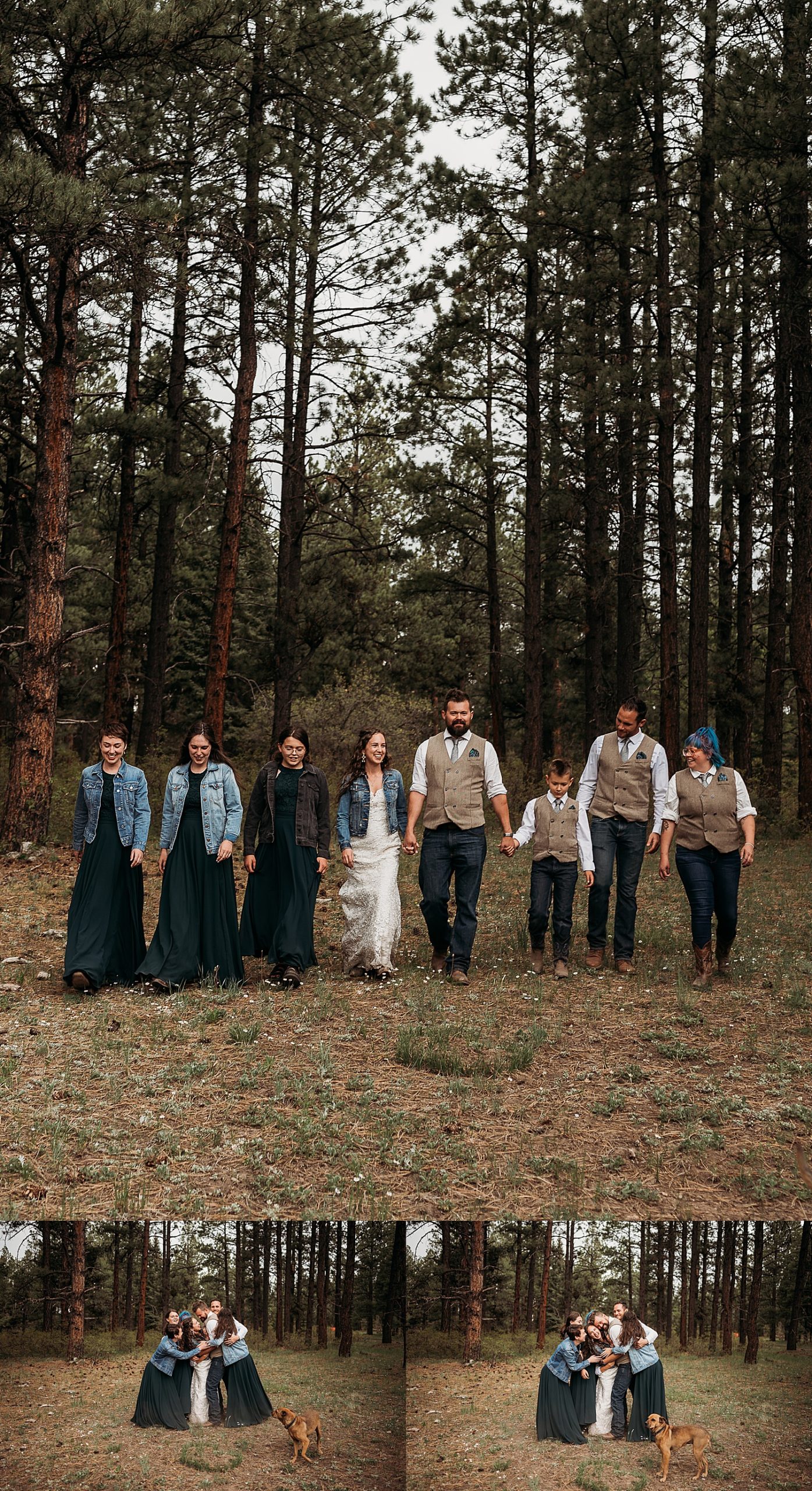 wedding party and dog in forest laughing together with destination wedding photographer 