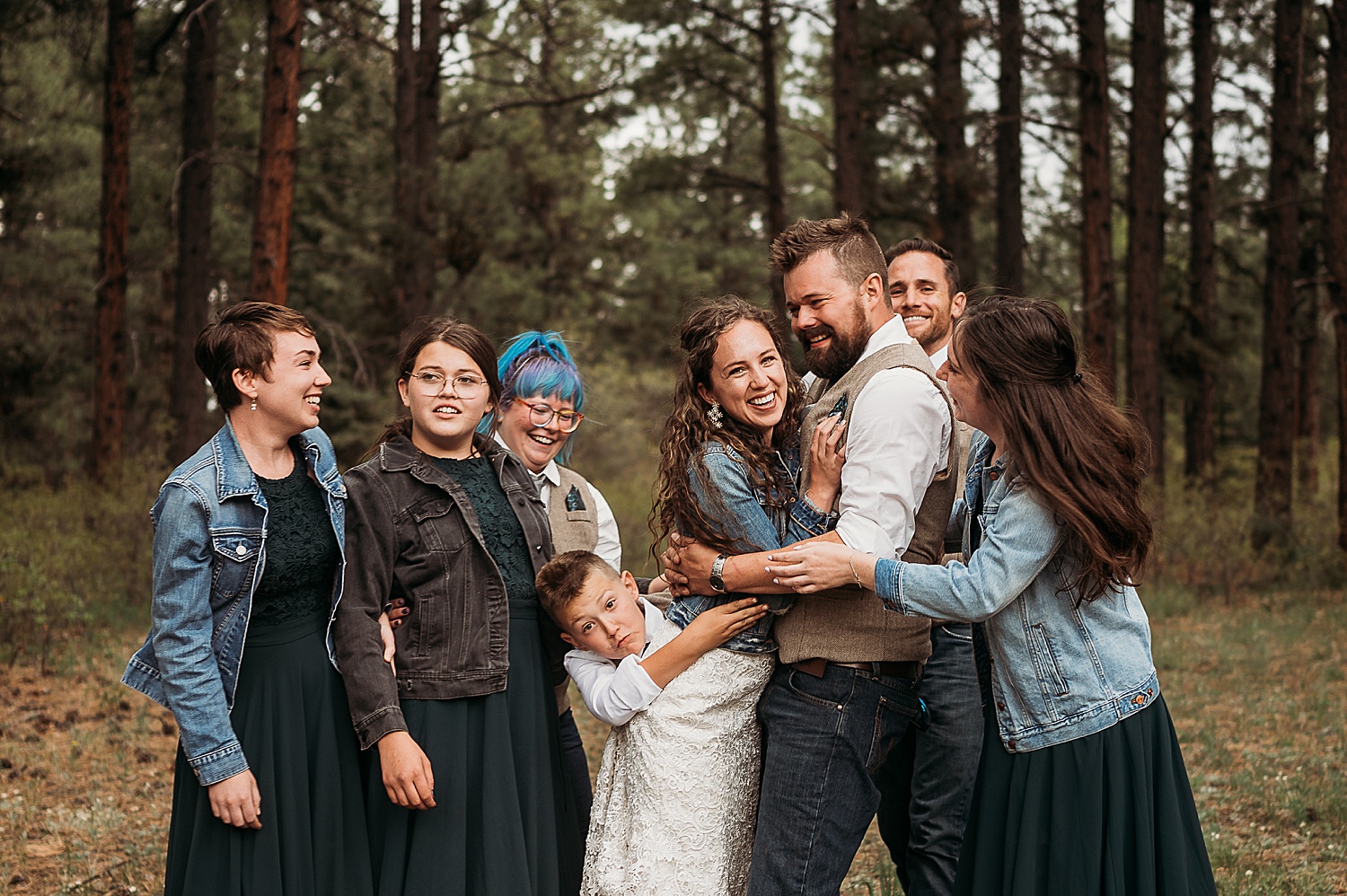 wedding party in national forest on wedding day