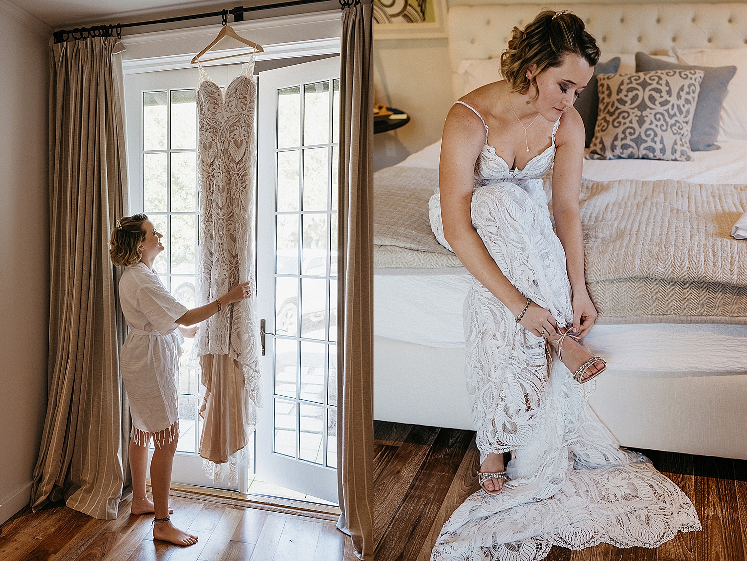 Bride looking at wedding dress and putting on diamond heels before wedding ceremony