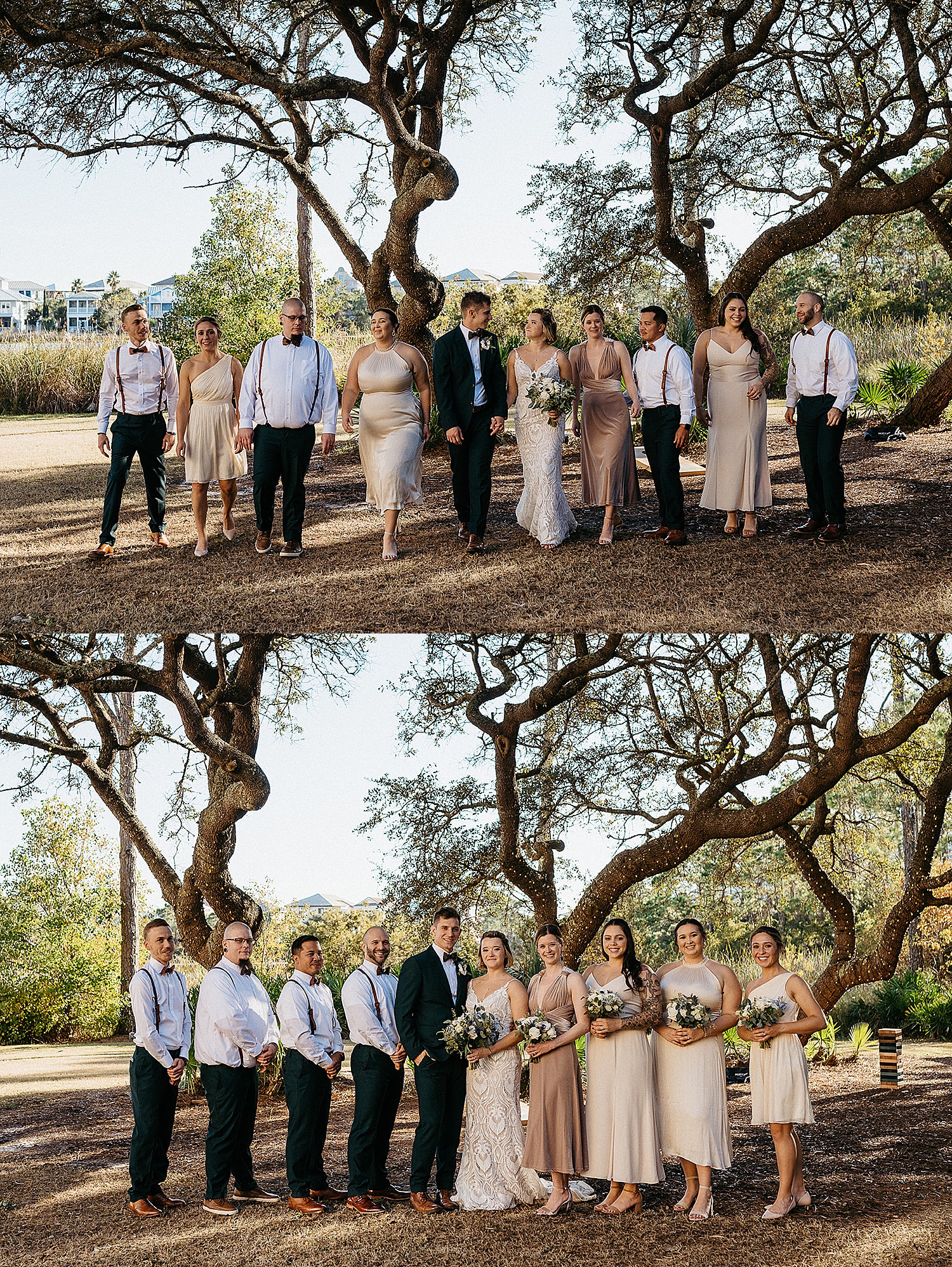 Wedding party wearing nude colored dresses and bowties with suspenders