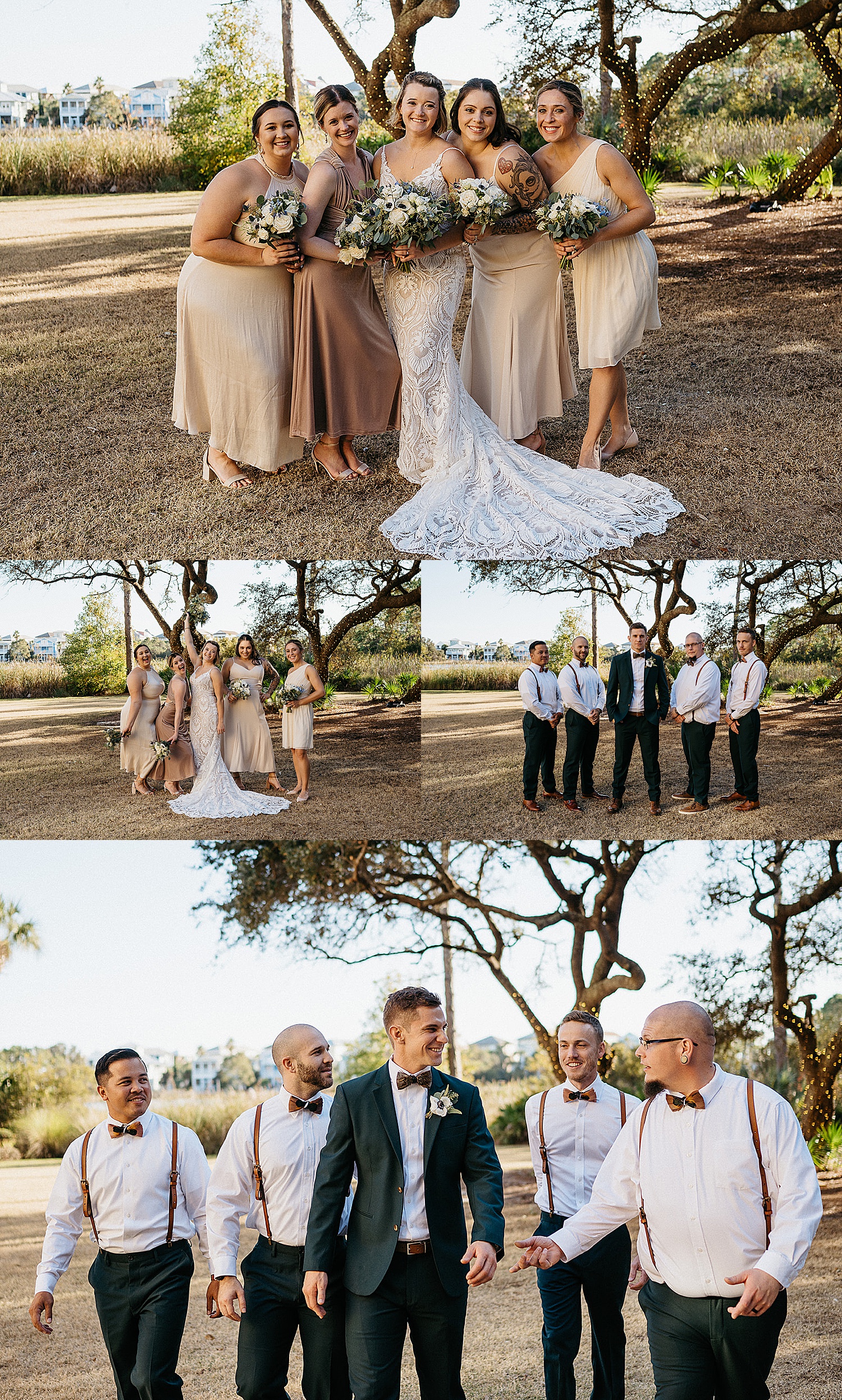 Bridesmaids wearing different nude dresses holding wedding bouquets