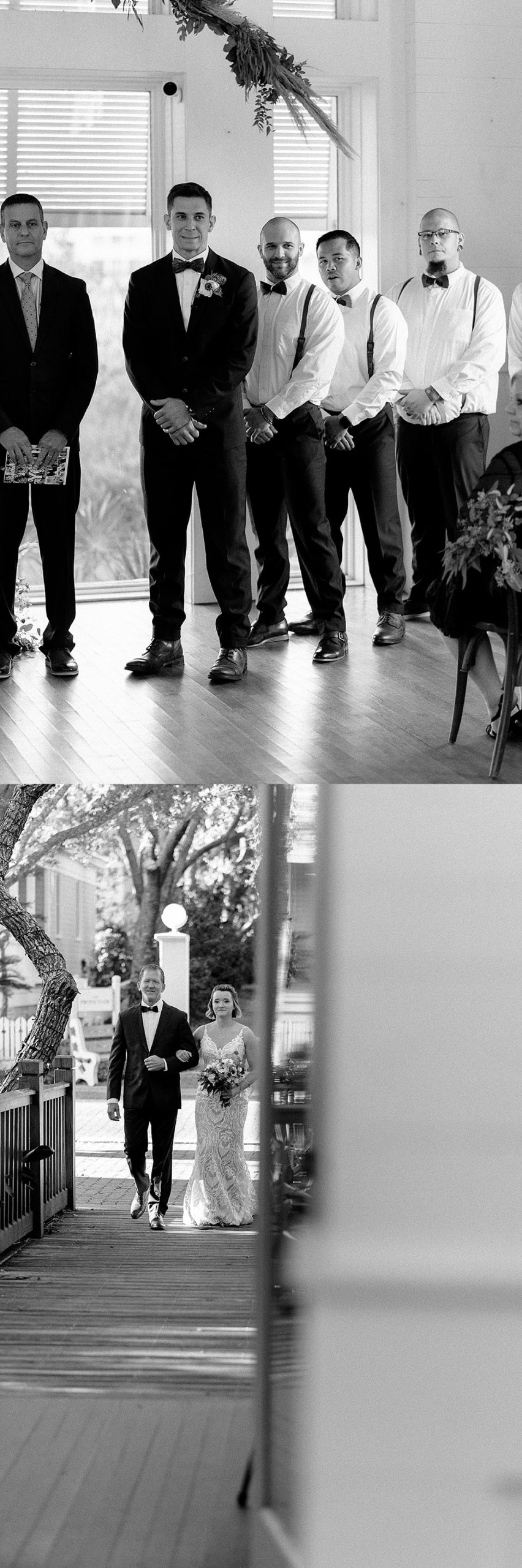 Groom watches bride and father walking down aisle at wedding ceremony