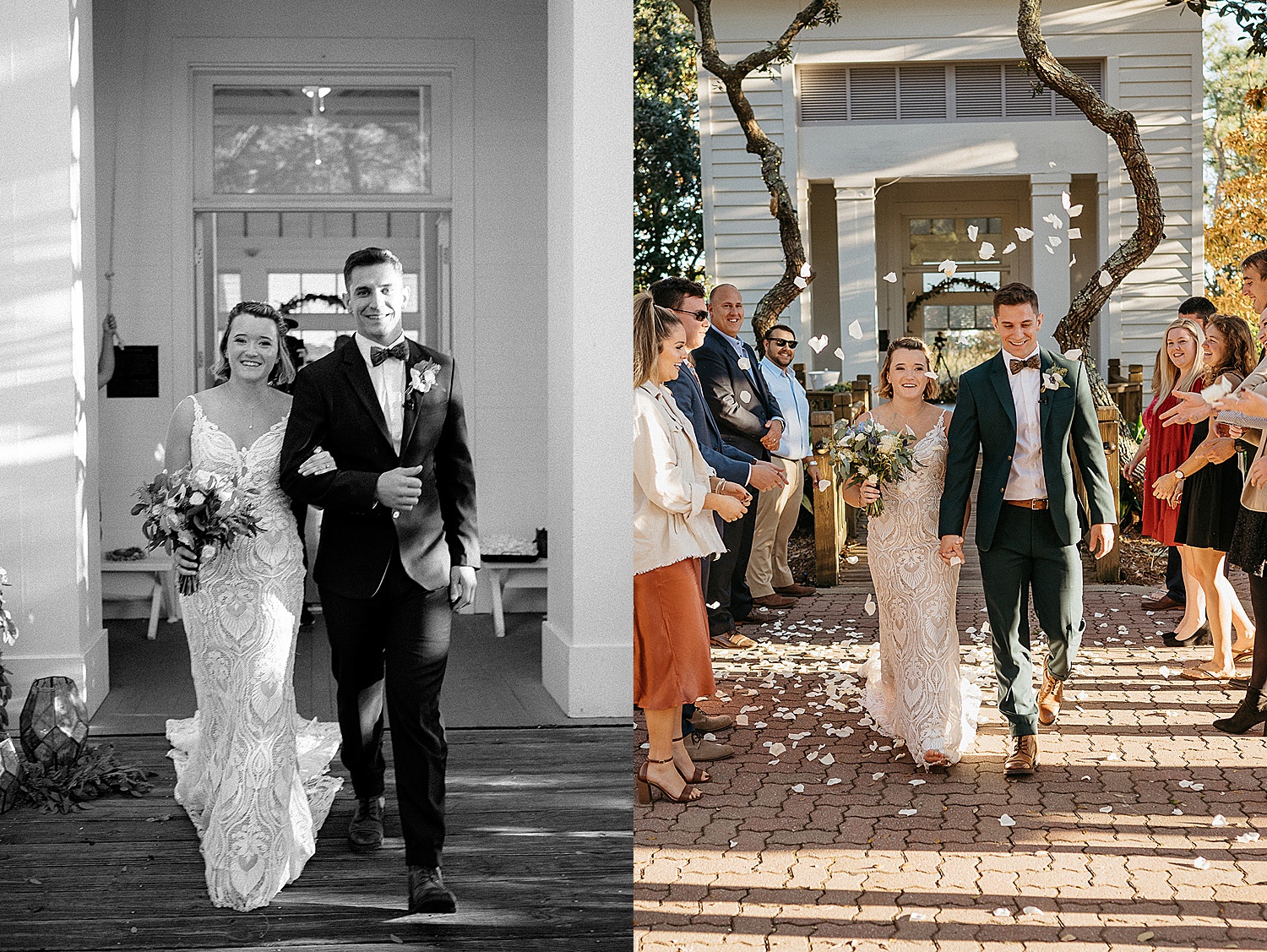 Wedding guests throw flower petals out bride and groom outside of wedding venue