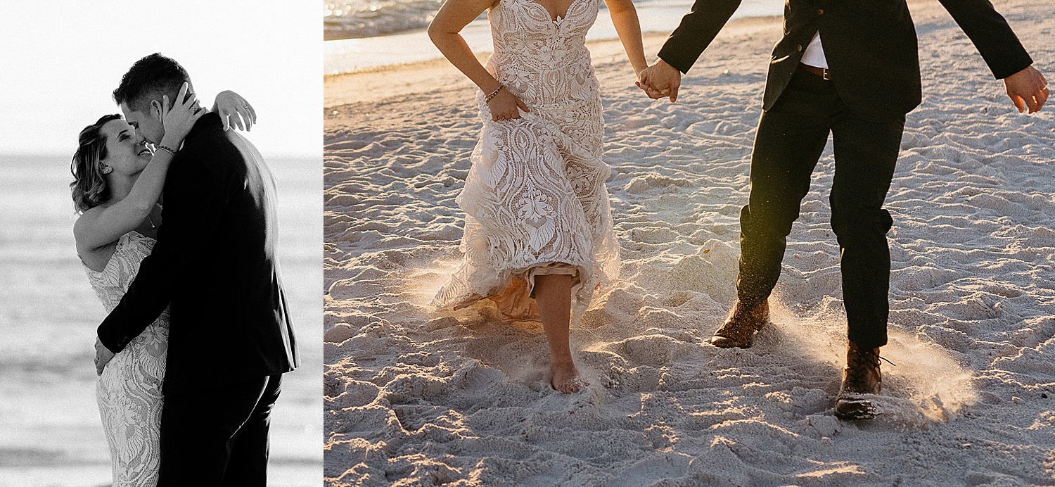 Bride and groom run through sand at Carillon beach wedding barefoot