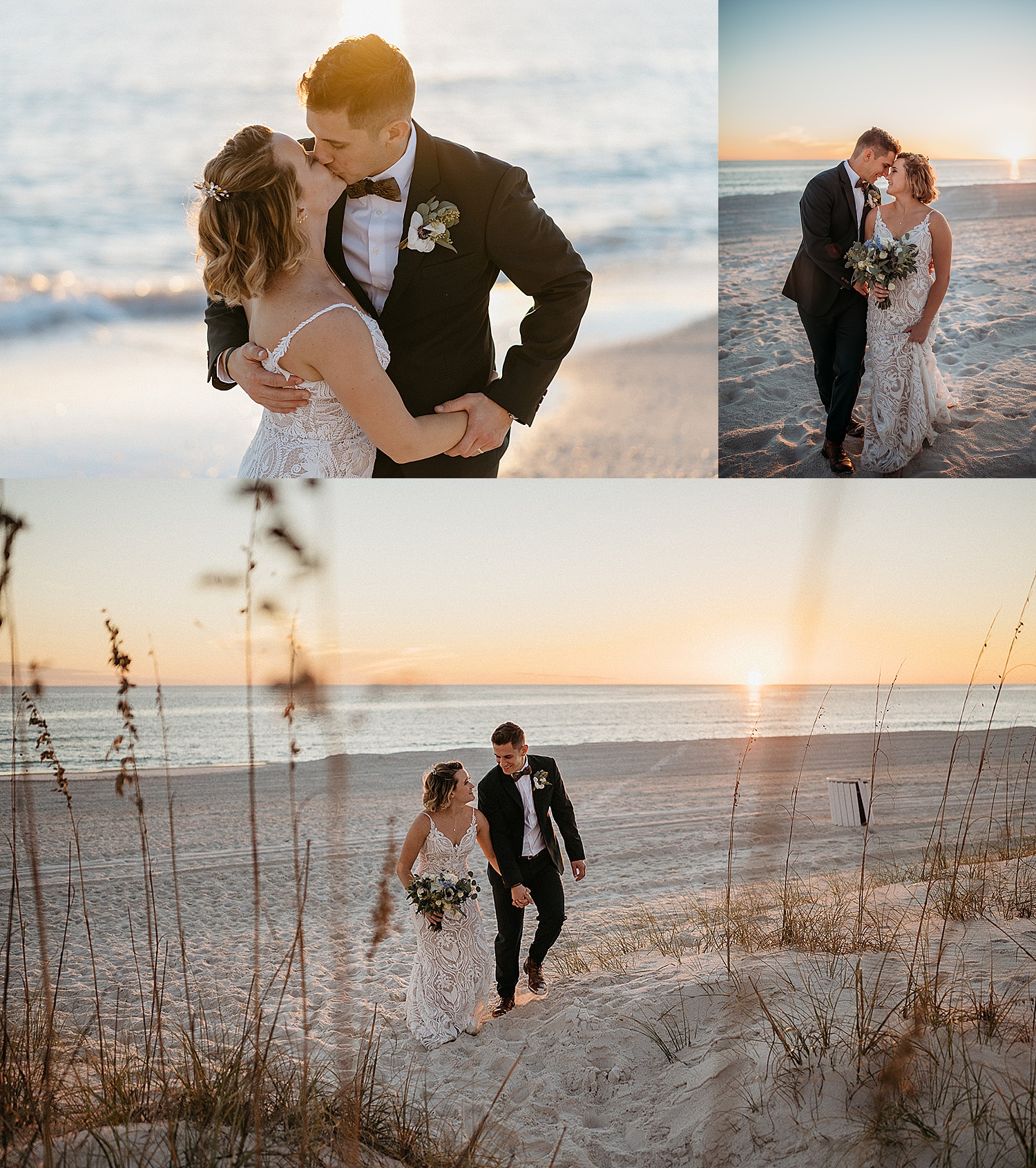 Bride and groom walk through sand dunes outside of wedding venue at the meeting house