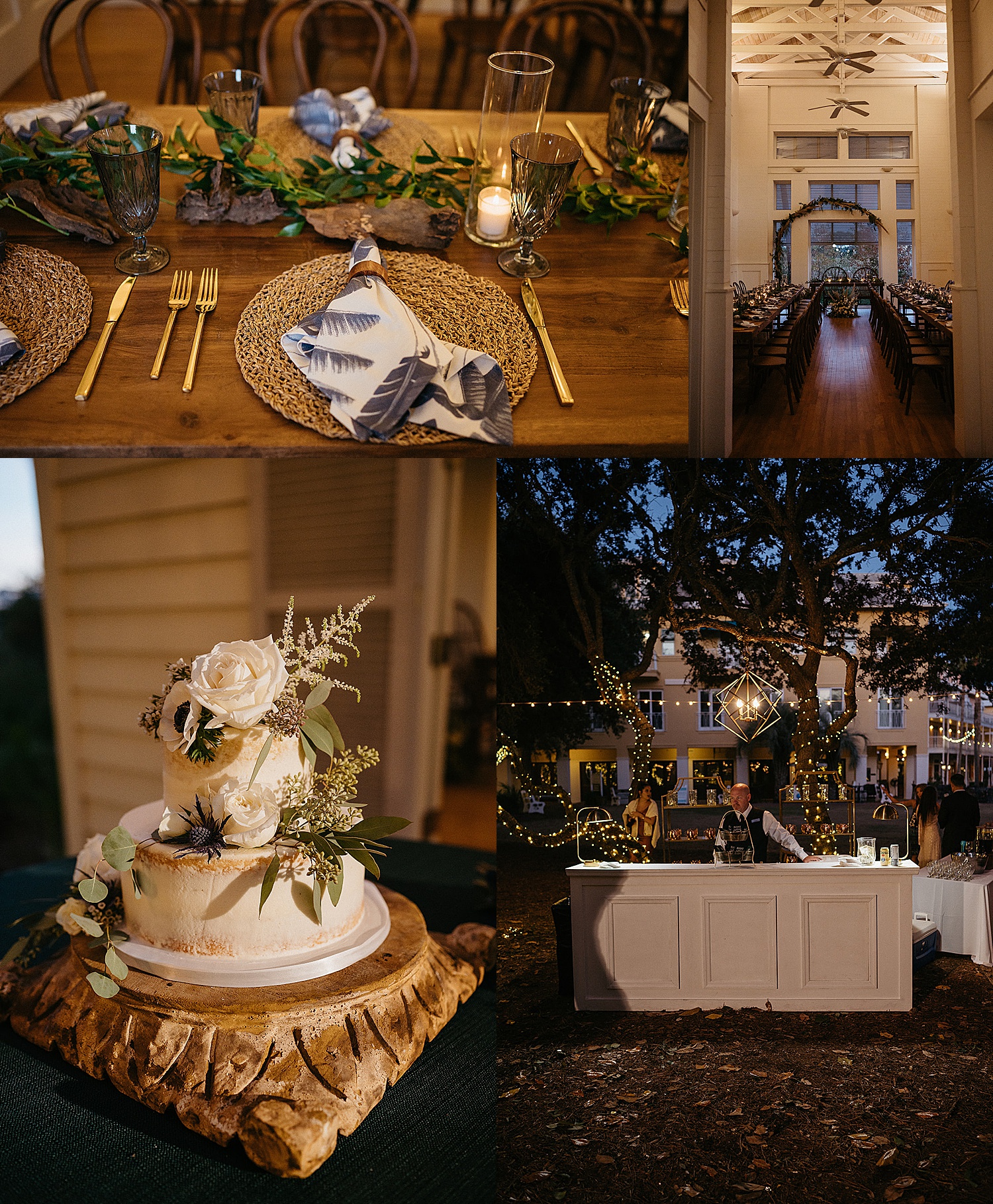 carillon beach wedding reception decorated with string lights and green details