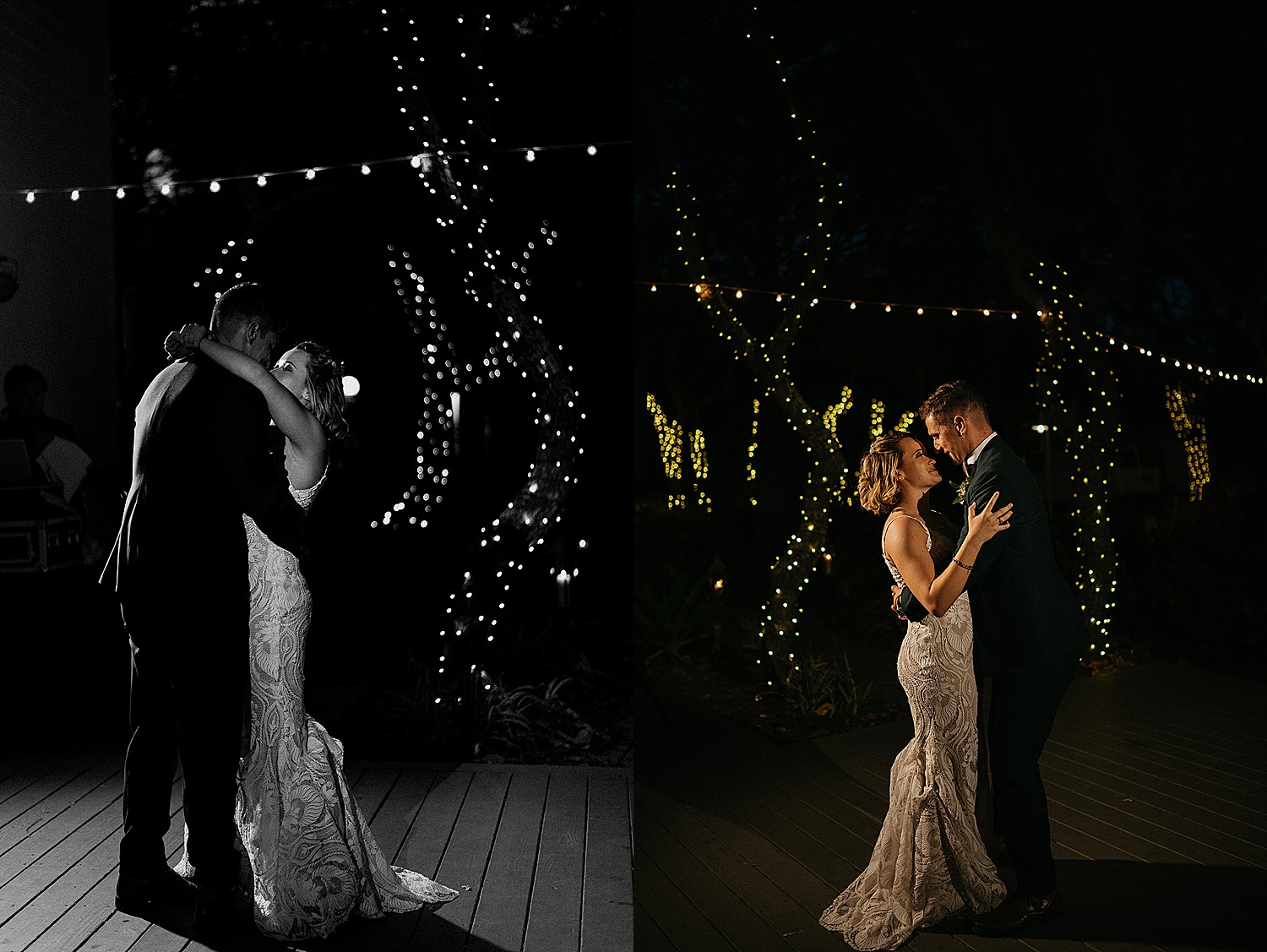 Bride and groom share first dance under string lights at wedding reception