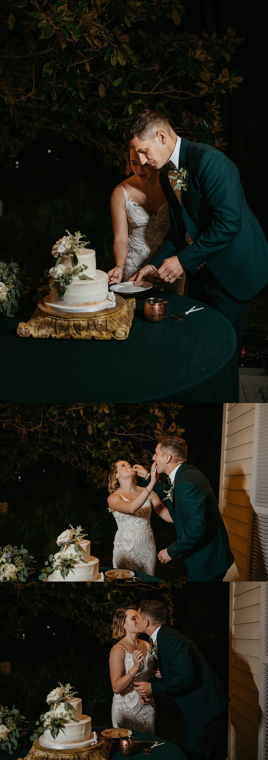 Newly married couple cut wedding cake at wedding reception of Carillon beach wedding