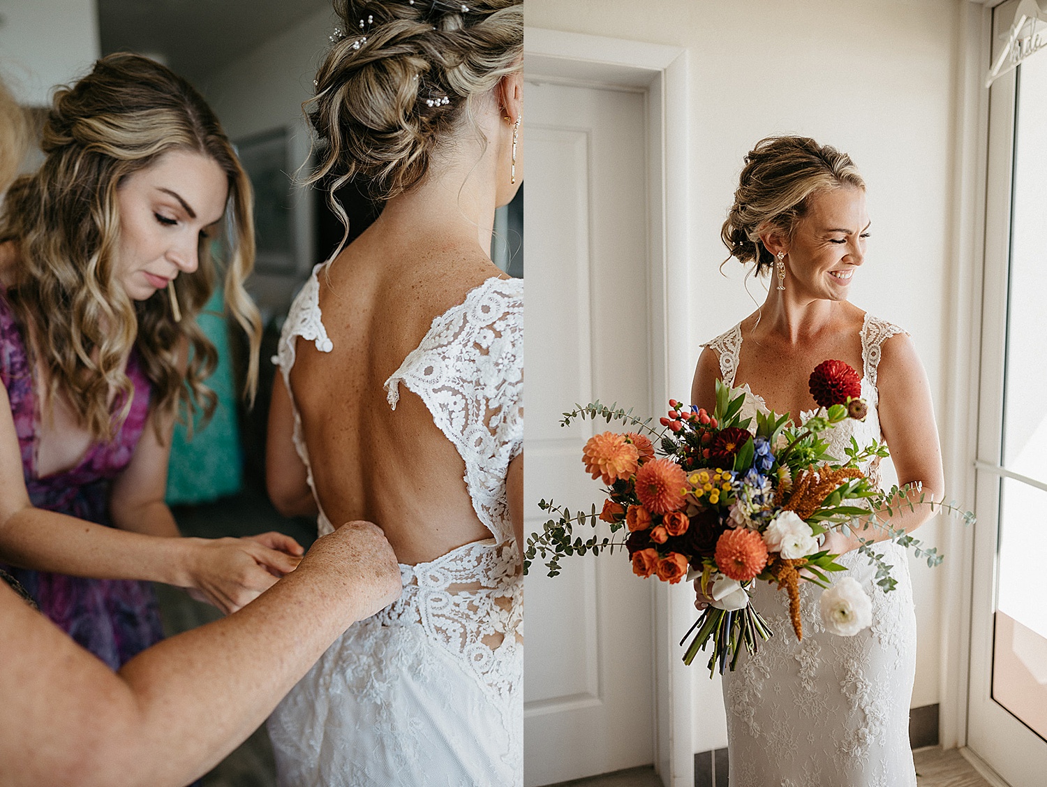 Mother of the bride and bridesmaid helping clip the wedding dress while Bride holds wedding bouquet