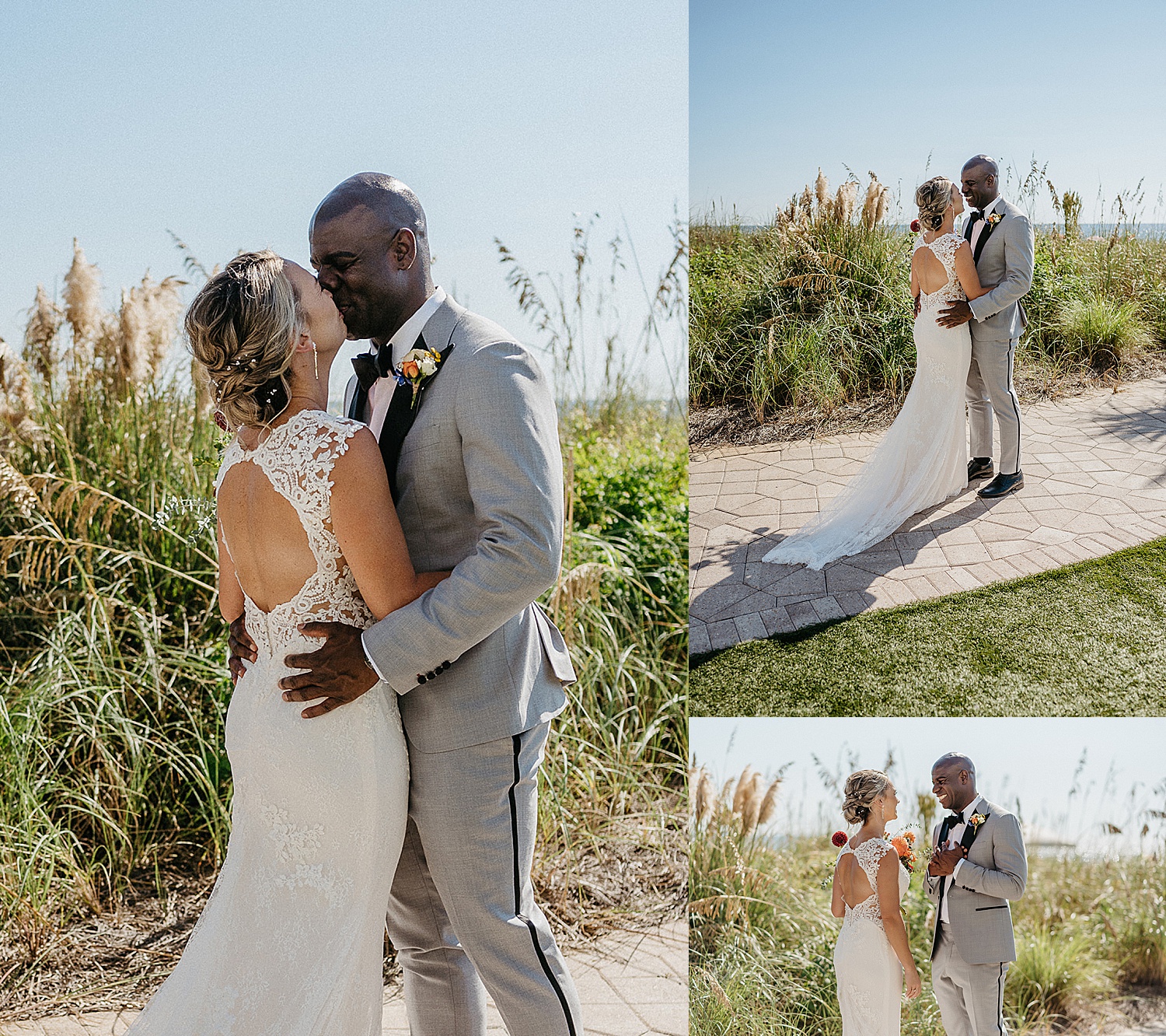 Bride and groom  share first look and kiss after seeing each other for the first time before ceremony