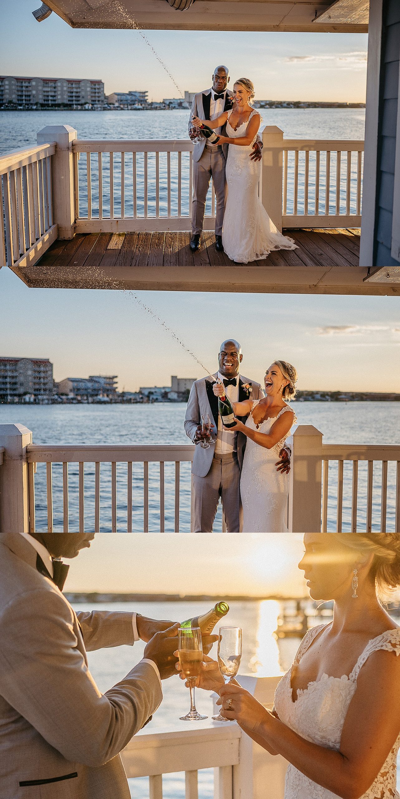 Newly married couple pop bottle of champagne at Florida wedding with Destin wedding photographer