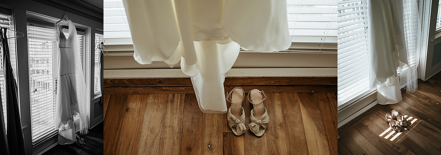 White wedding dress hanging next to tan heals while bride is getting ready