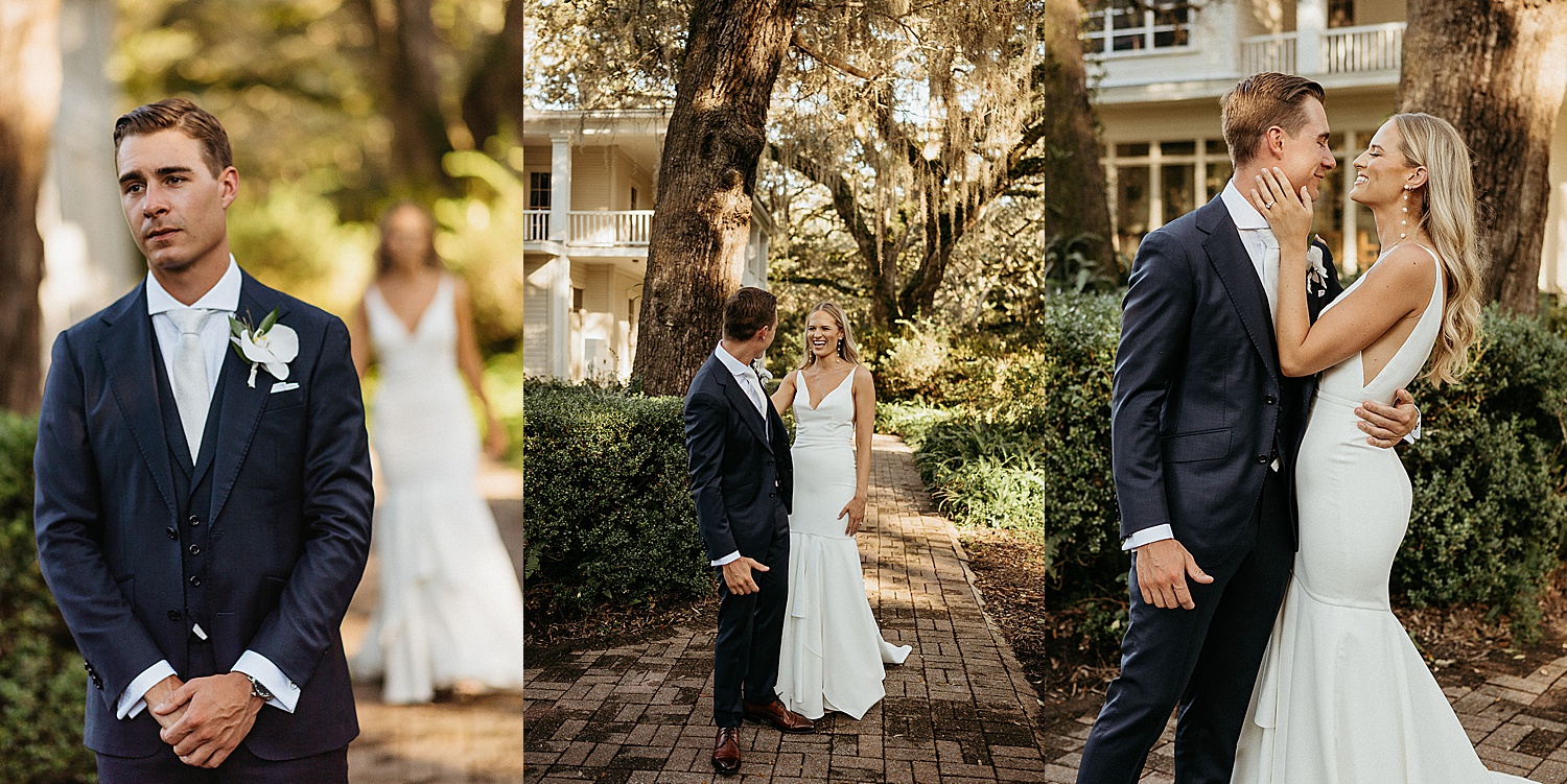 Bride and groom share first look at Eden gardens state park with destination wedding photographer
