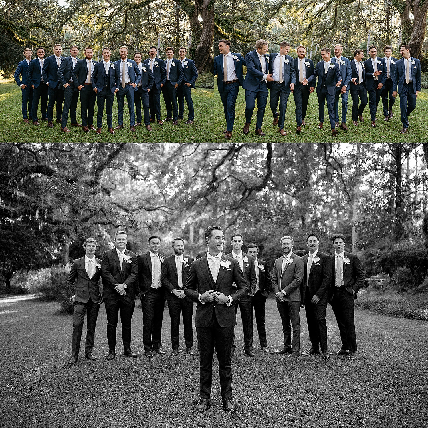 Groomsman wearing navy blue suits walking with groom and destination wedding photographer 
