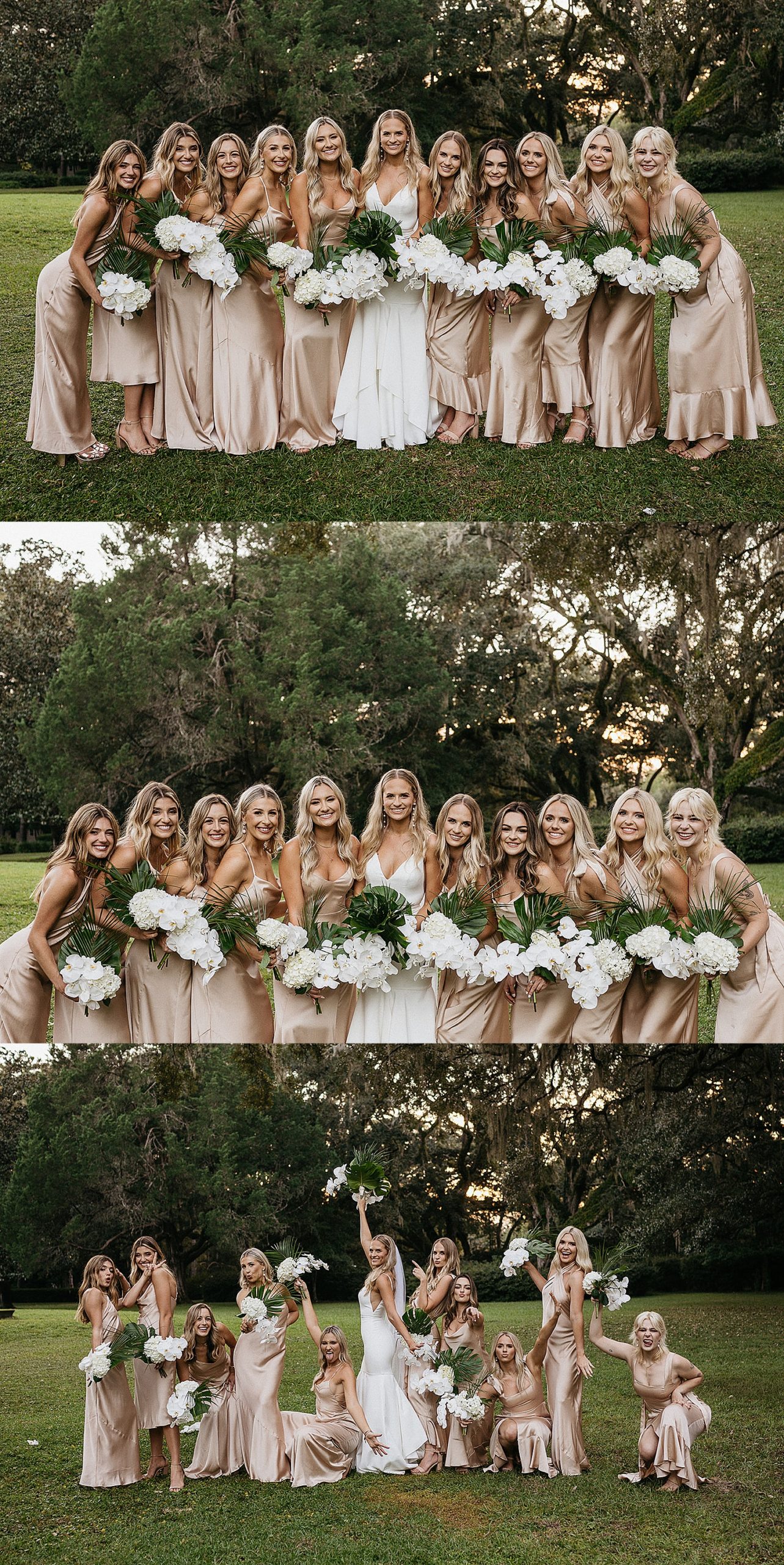 Bride and bridesmaids wearing champagne colored dresses holding white and green palm leaf bouquets