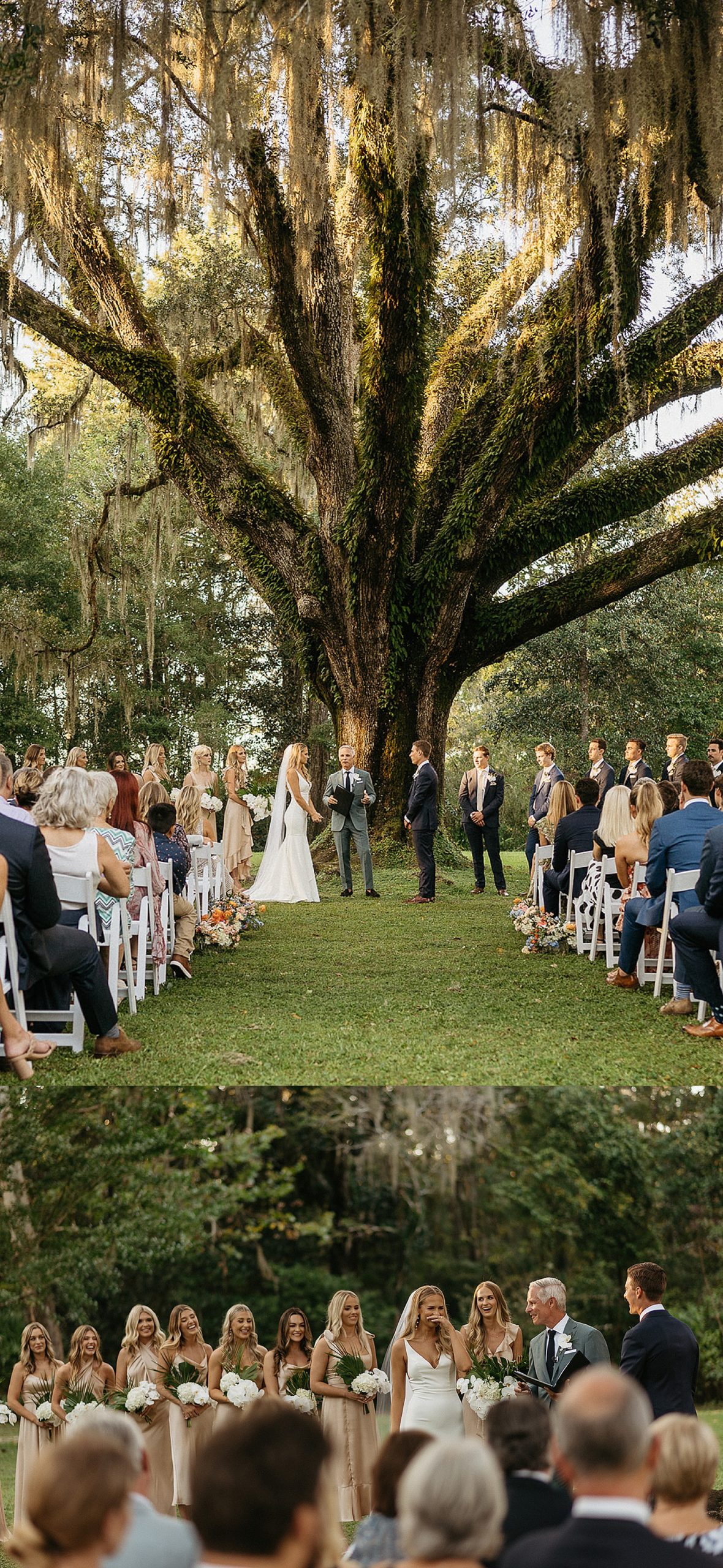 Bride and groom standing up during ceremony under tall tree at Florida state park wedding 