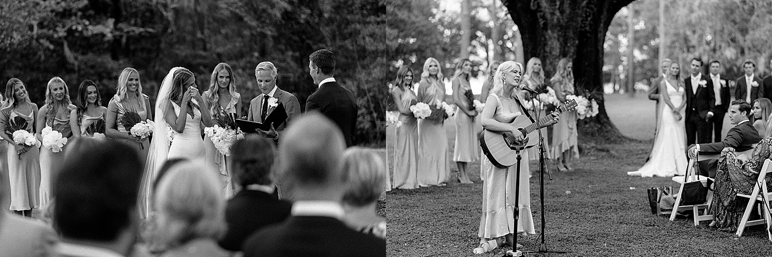 Bride gets emotional during vows from groom and a guitarist playing songs during ceremony 