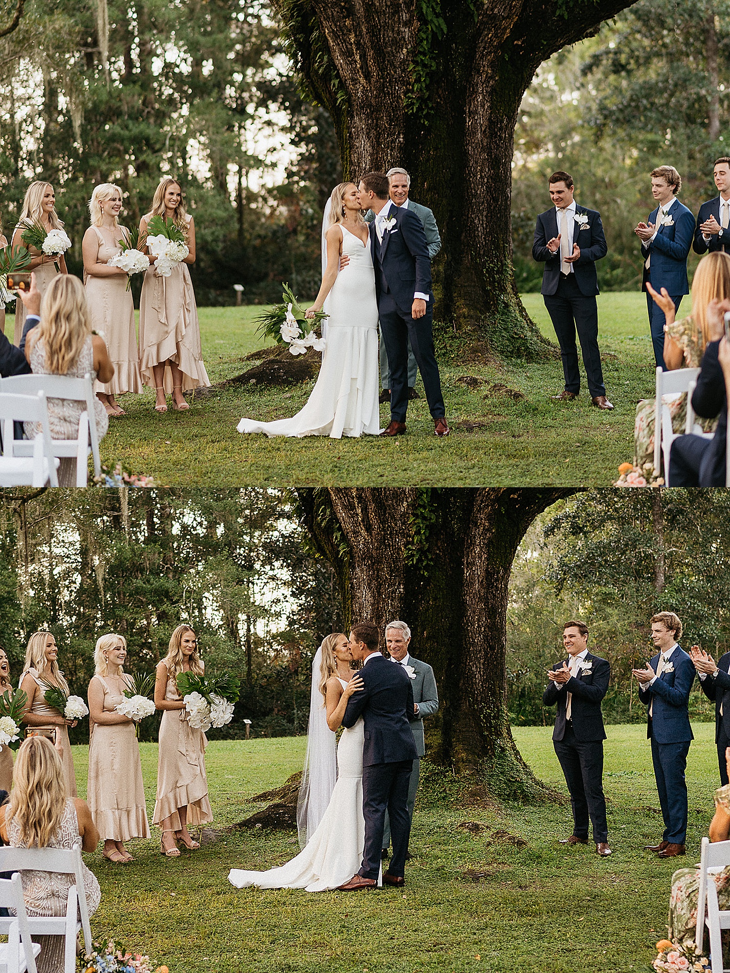 Bride and groom share first kiss at florida wedding with destination wedding photographer 