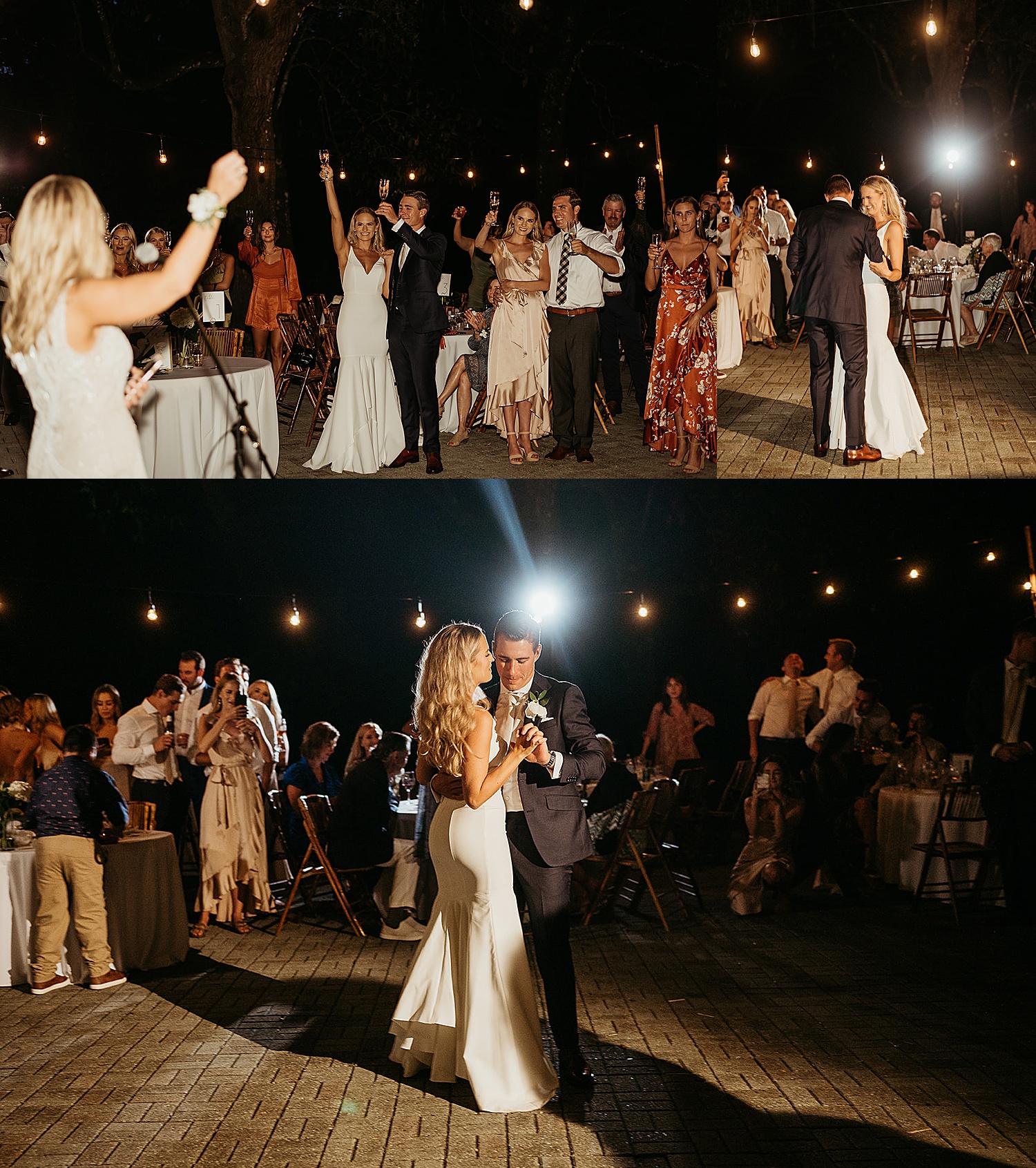 Bride and groom share first dance under string lights