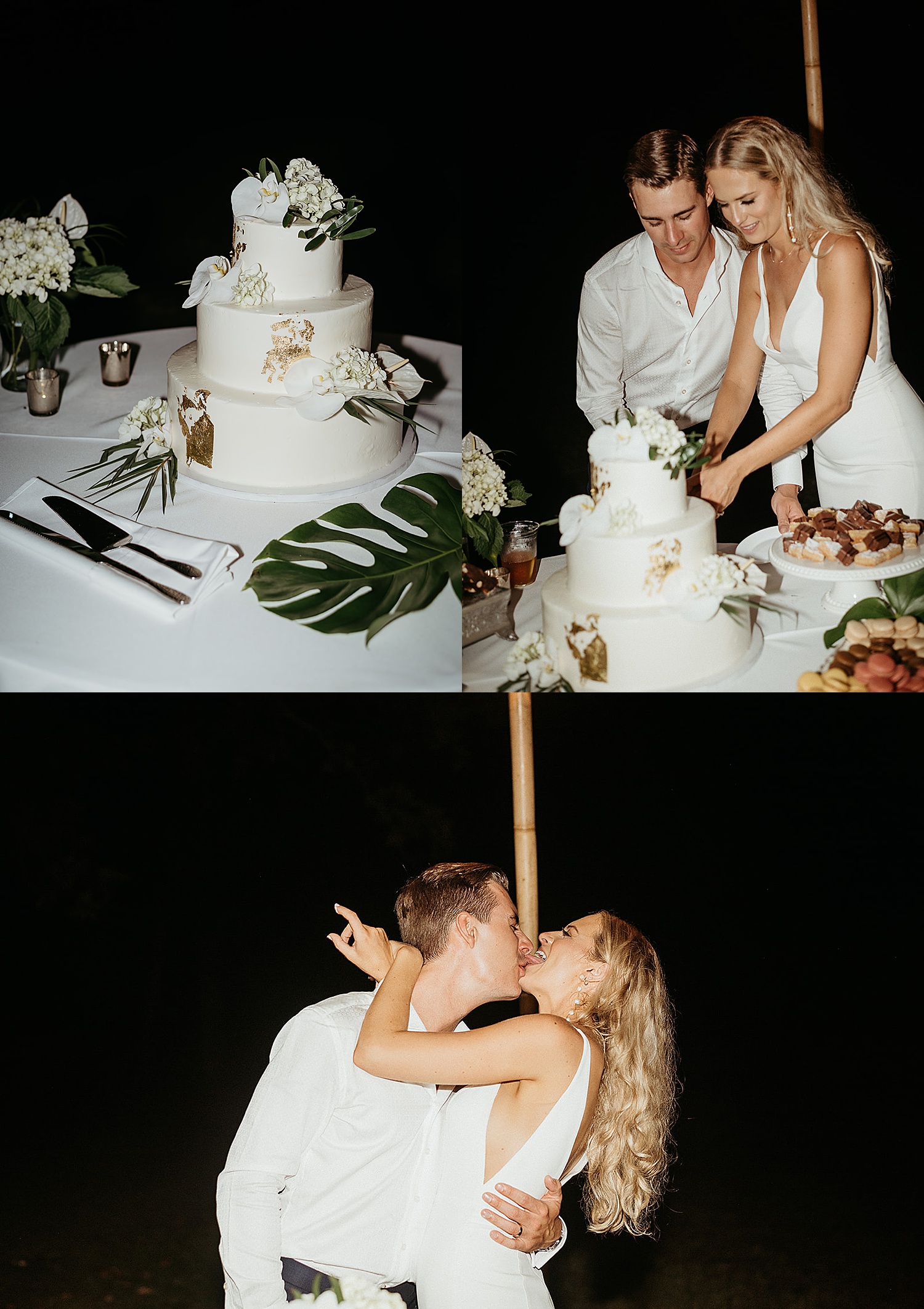 Bride and groom cut white layered cake together and share sweet kiss 