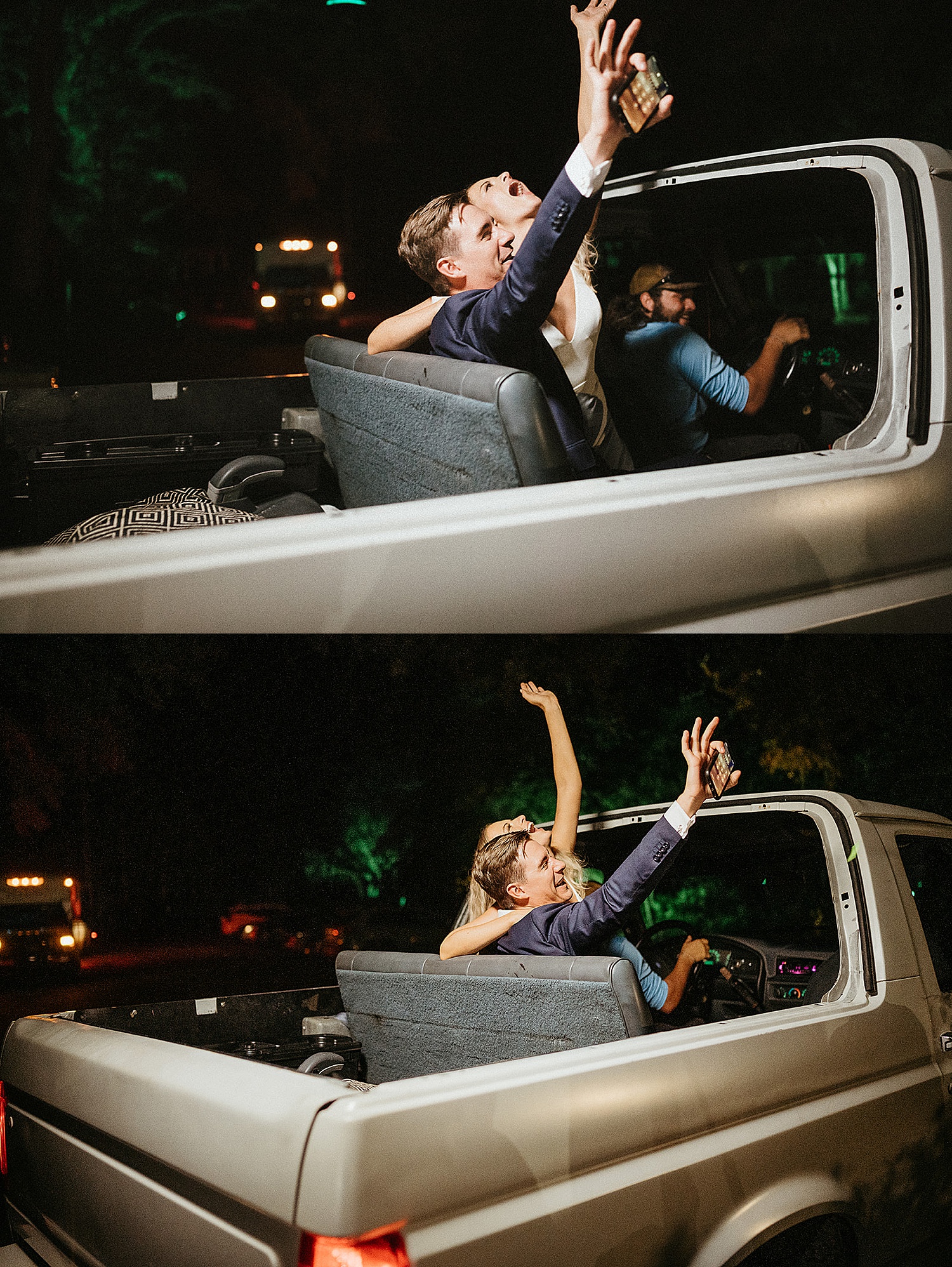 Bride and groom ride off in a truck at Eden gardens state park after Florida wedding day 
