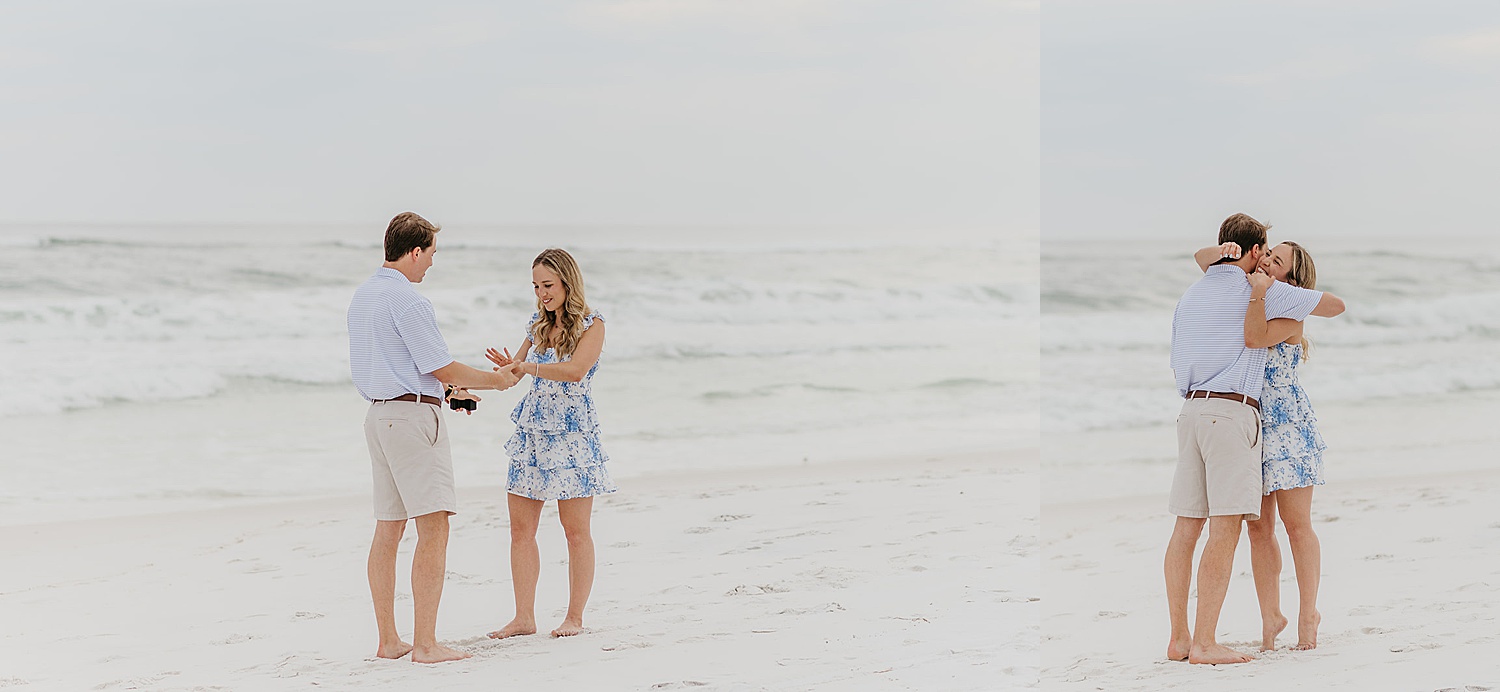 Engaged couple hugging after beach surprise proposal in Florida