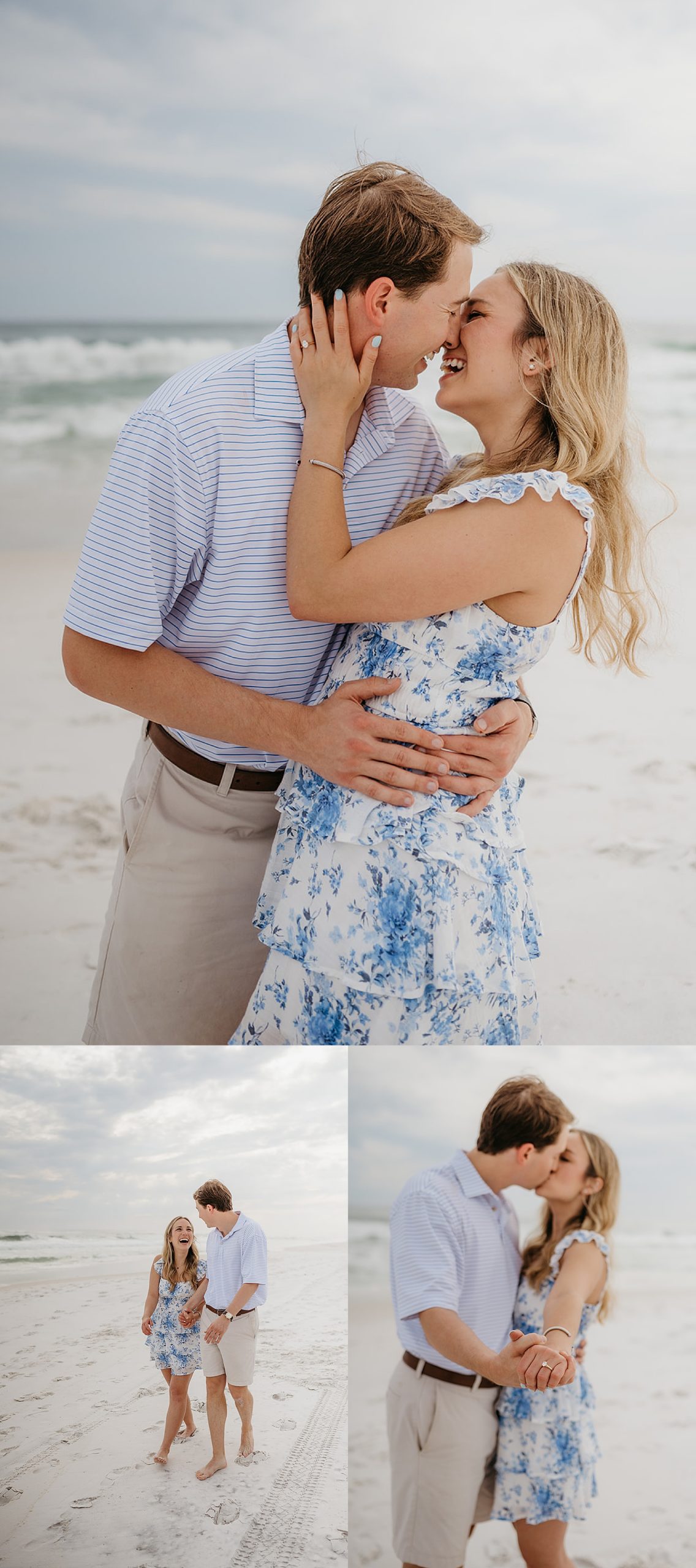 Newly engaged couple in 30A walk the beach after beach surprise proposal