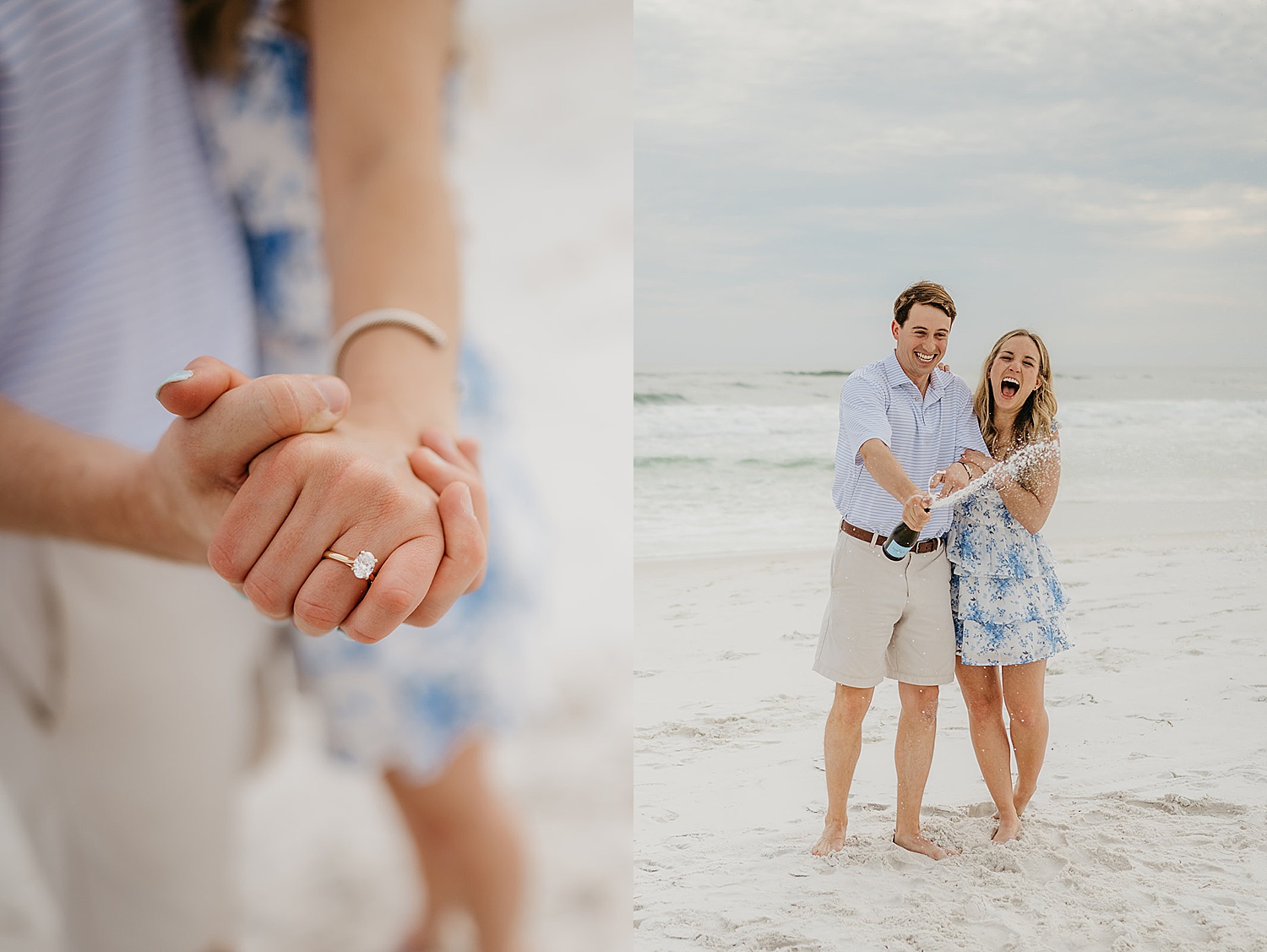 Engaged couple pop bottle of champagne after beach surprise proposal in Florida