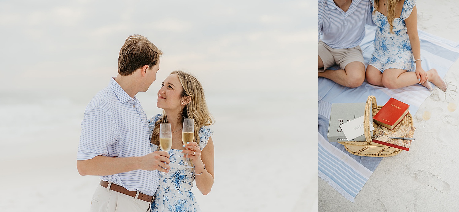 newly engaged couple has beach picnic after beach surprise proposal