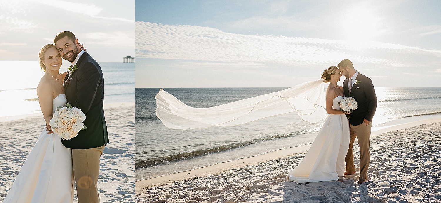 Bride with long veil on Florida beach at Destin micro wedding at Sunset