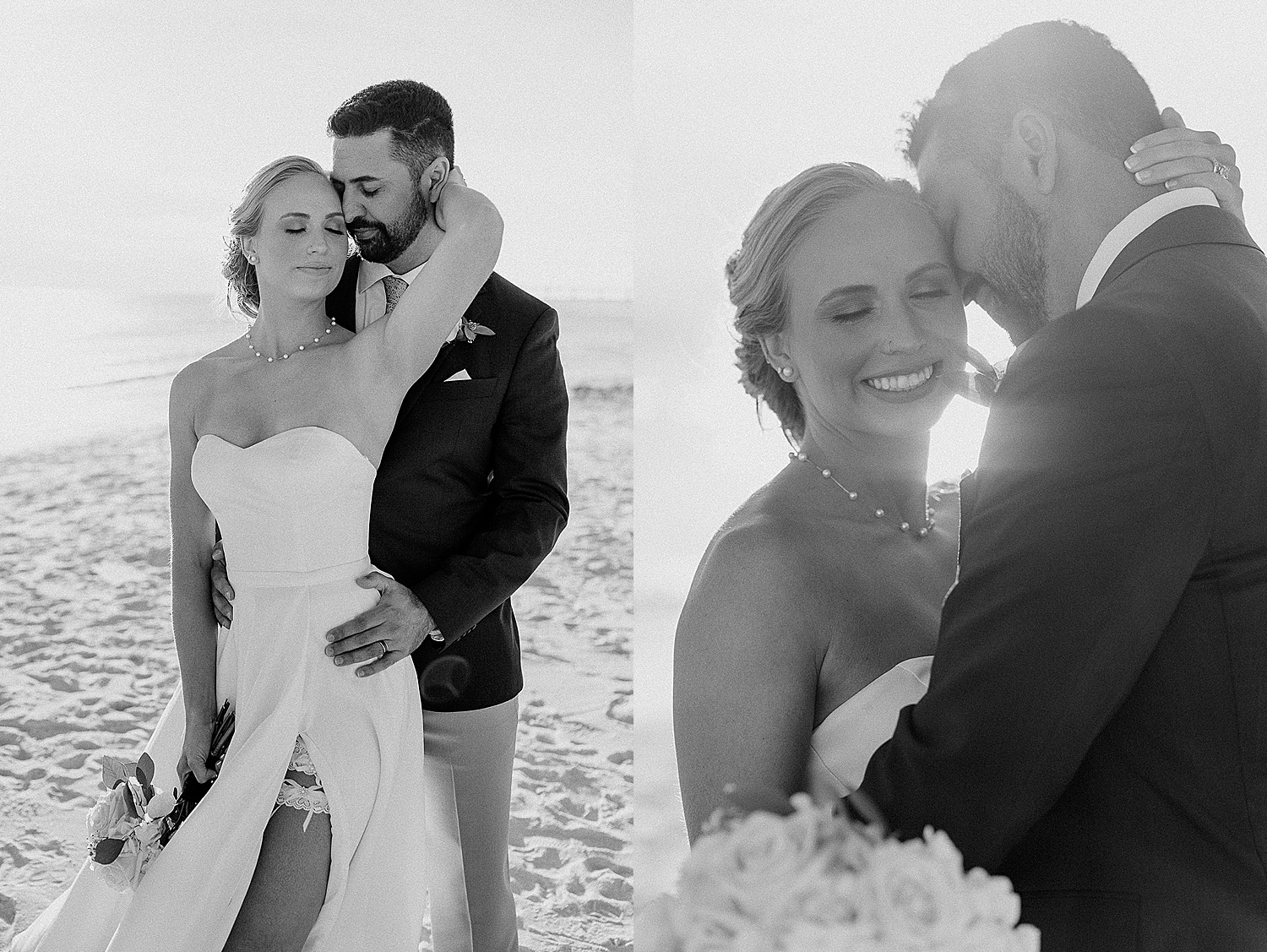 Bride and groom wrapped into each other's arms after wedding ceremony on beach