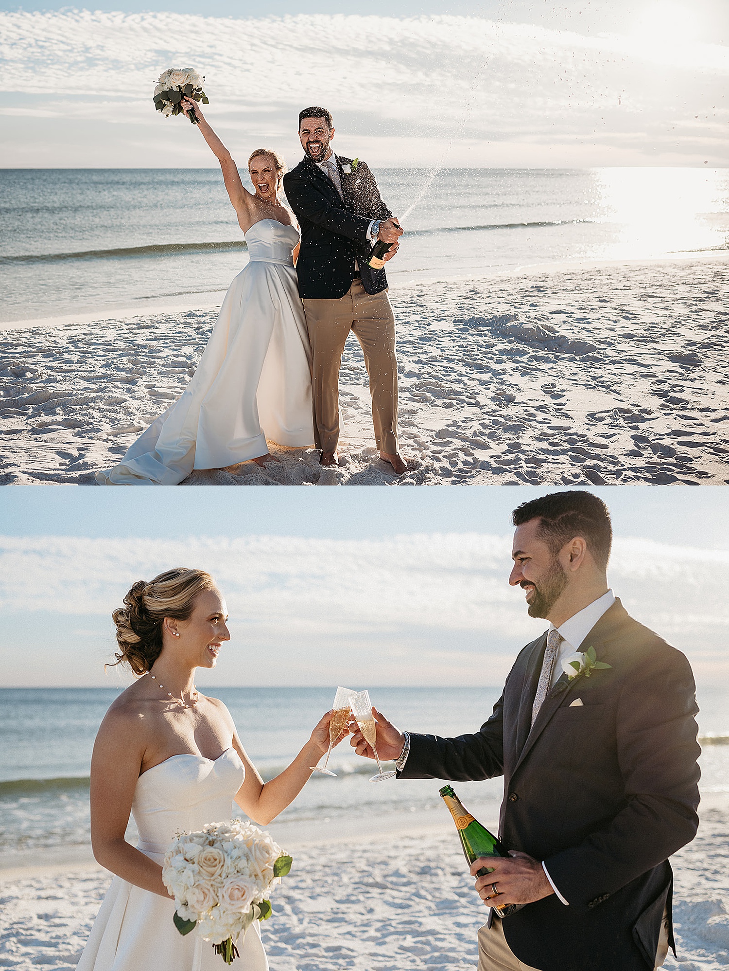 Newly married couple pops bottle of champagne in Destin Florida after Destin micro-wedding