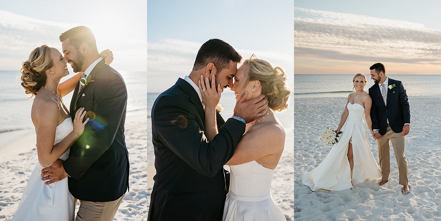 Bride and groom on beach at sunset with Destin wedding photographer