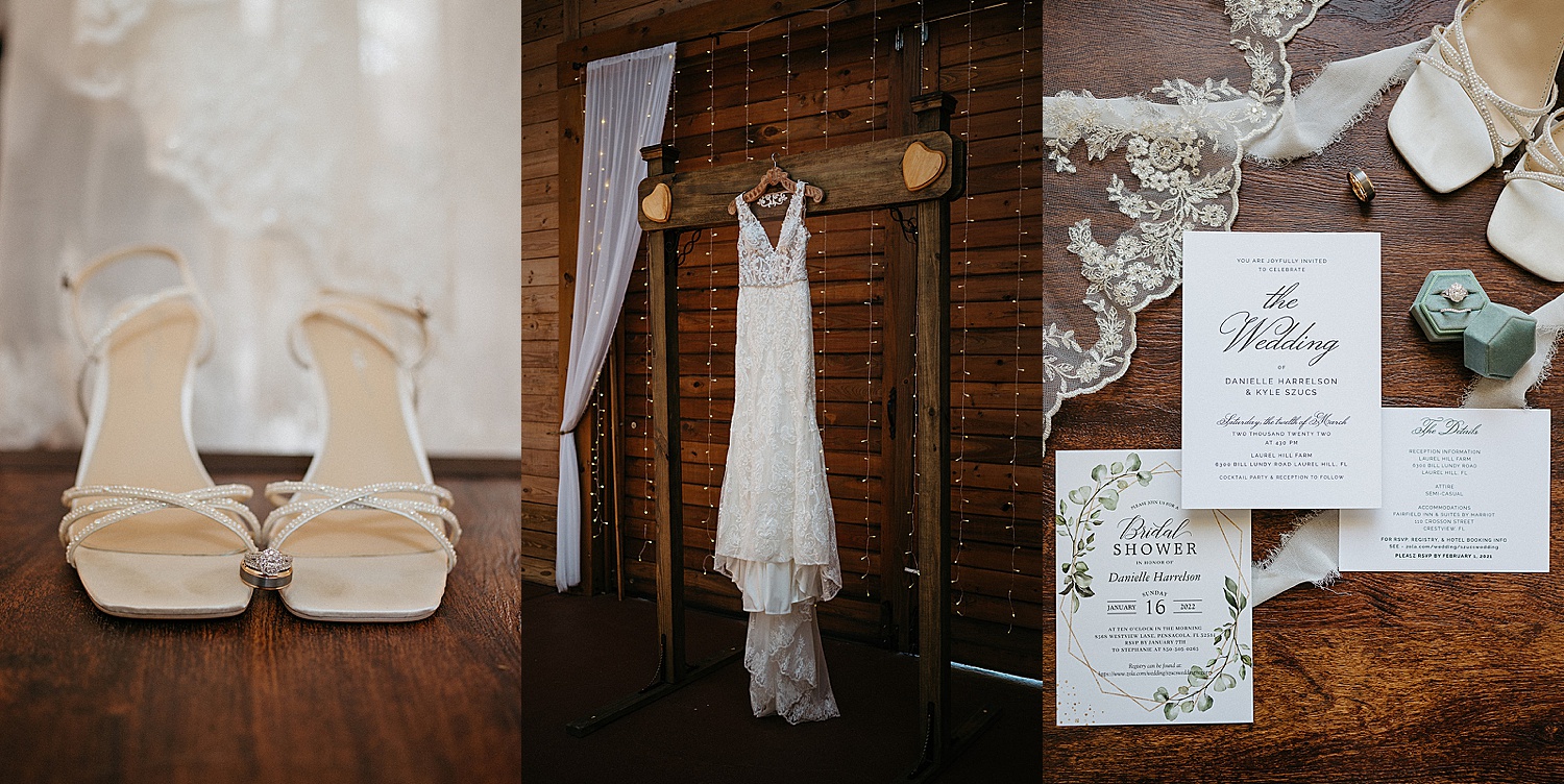 Wedding dress hanging up at Lauren Hill farm in Northwest Florida