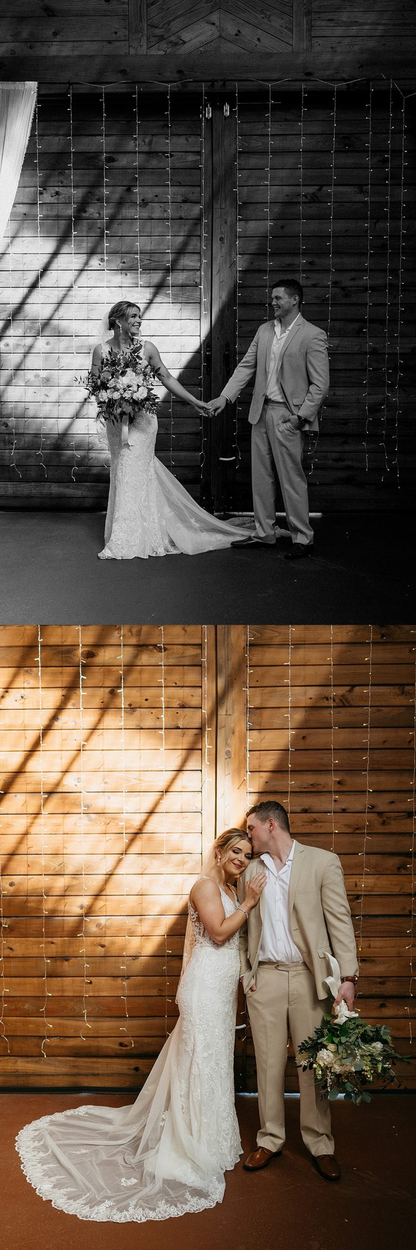 Bride and groom at Lauren Hill Farm standing in front of string lights after first look