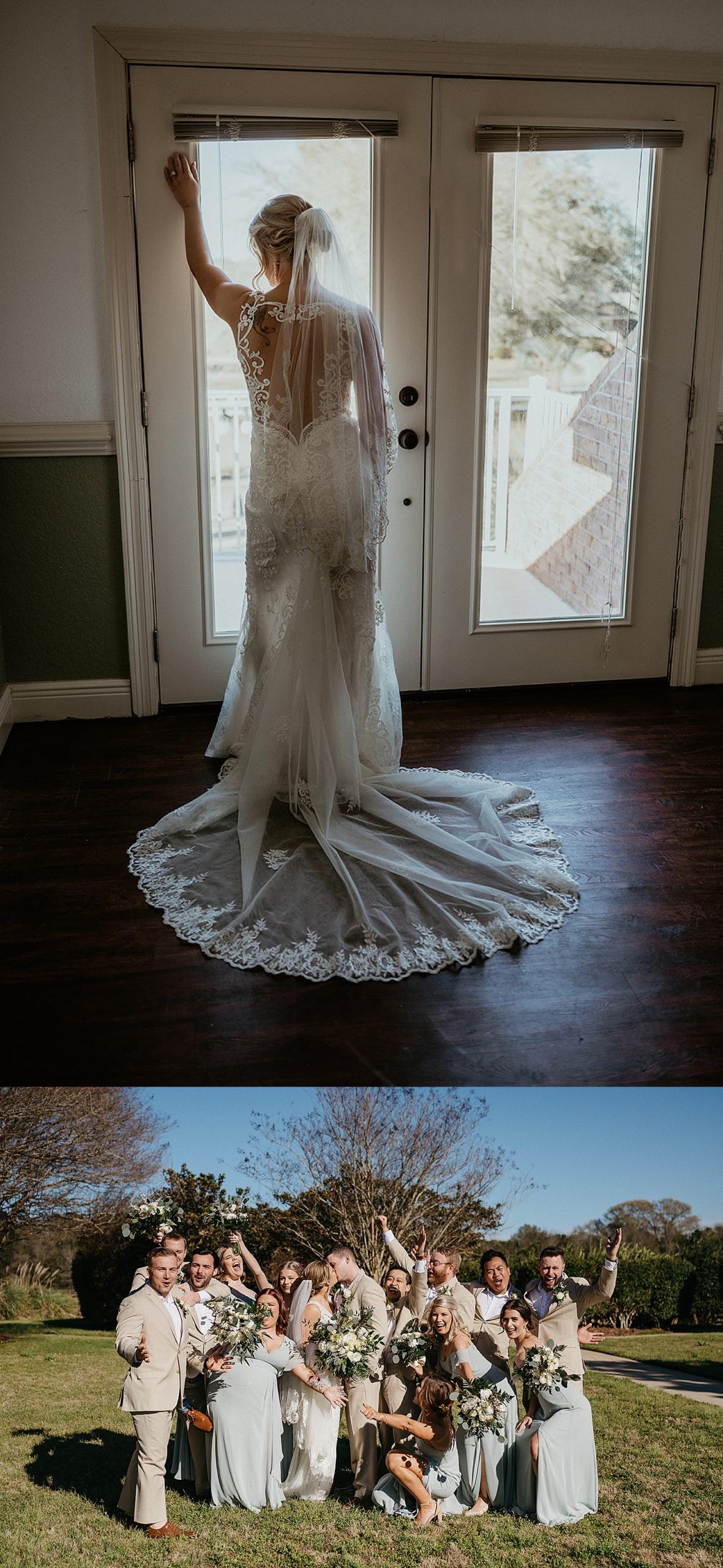 Bridal portrait at Lauren Hill Farm with wedding veil and lace wedding dress with Train