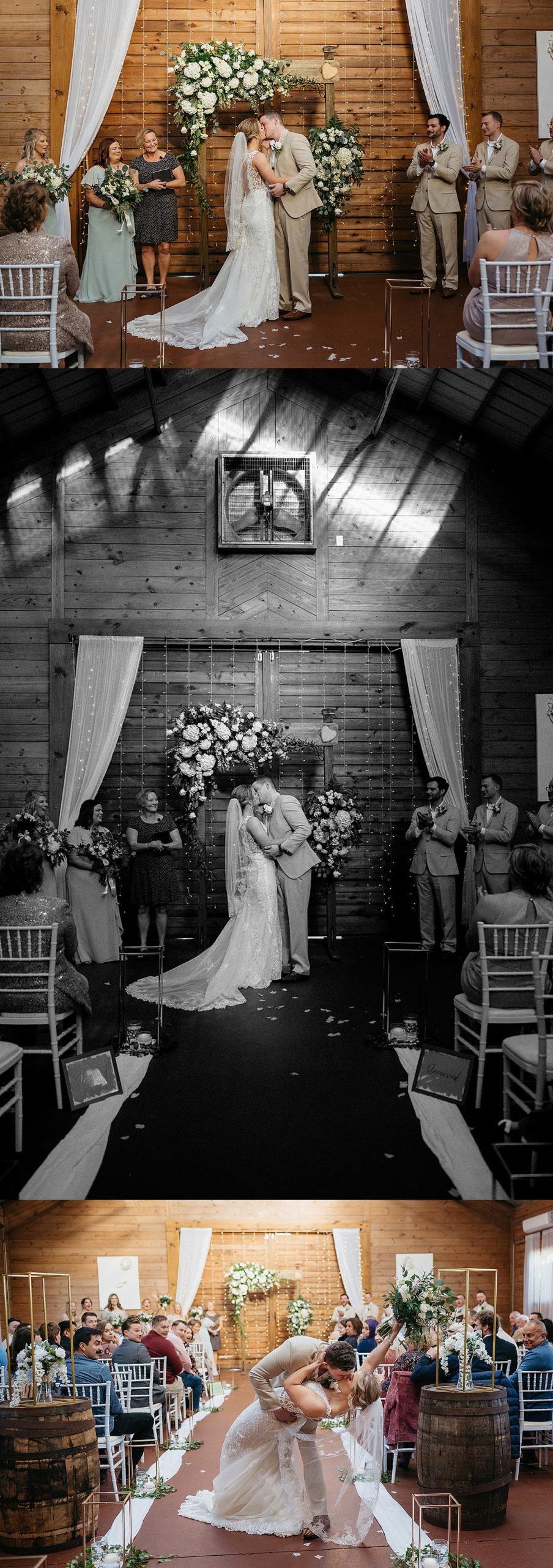 Bride and groom share first kiss during wedding Day ceremony at Lauren Hill Farm