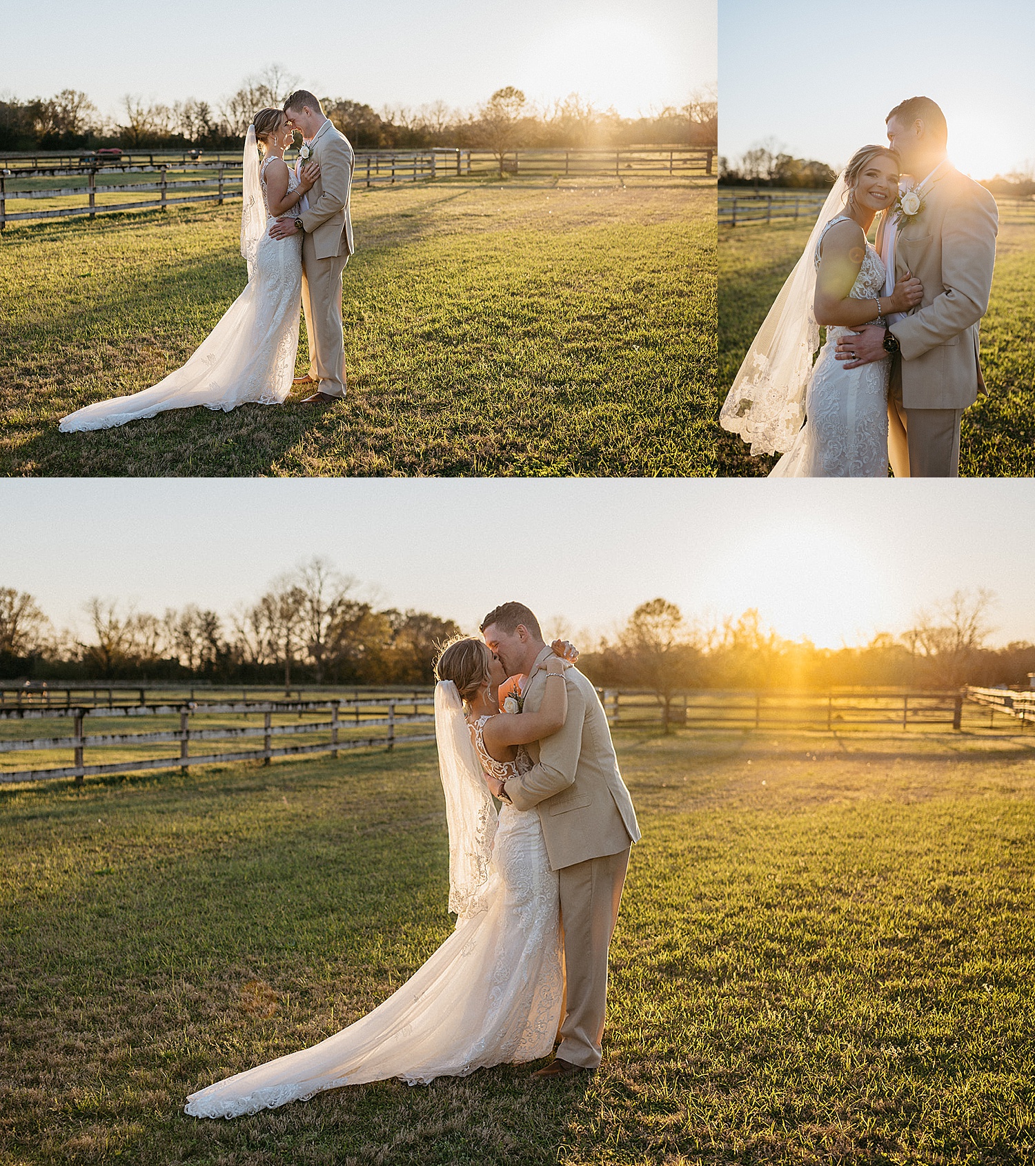 Bride and groom kiss at sunset at Lauren Hill Farm after wedding ceremony
