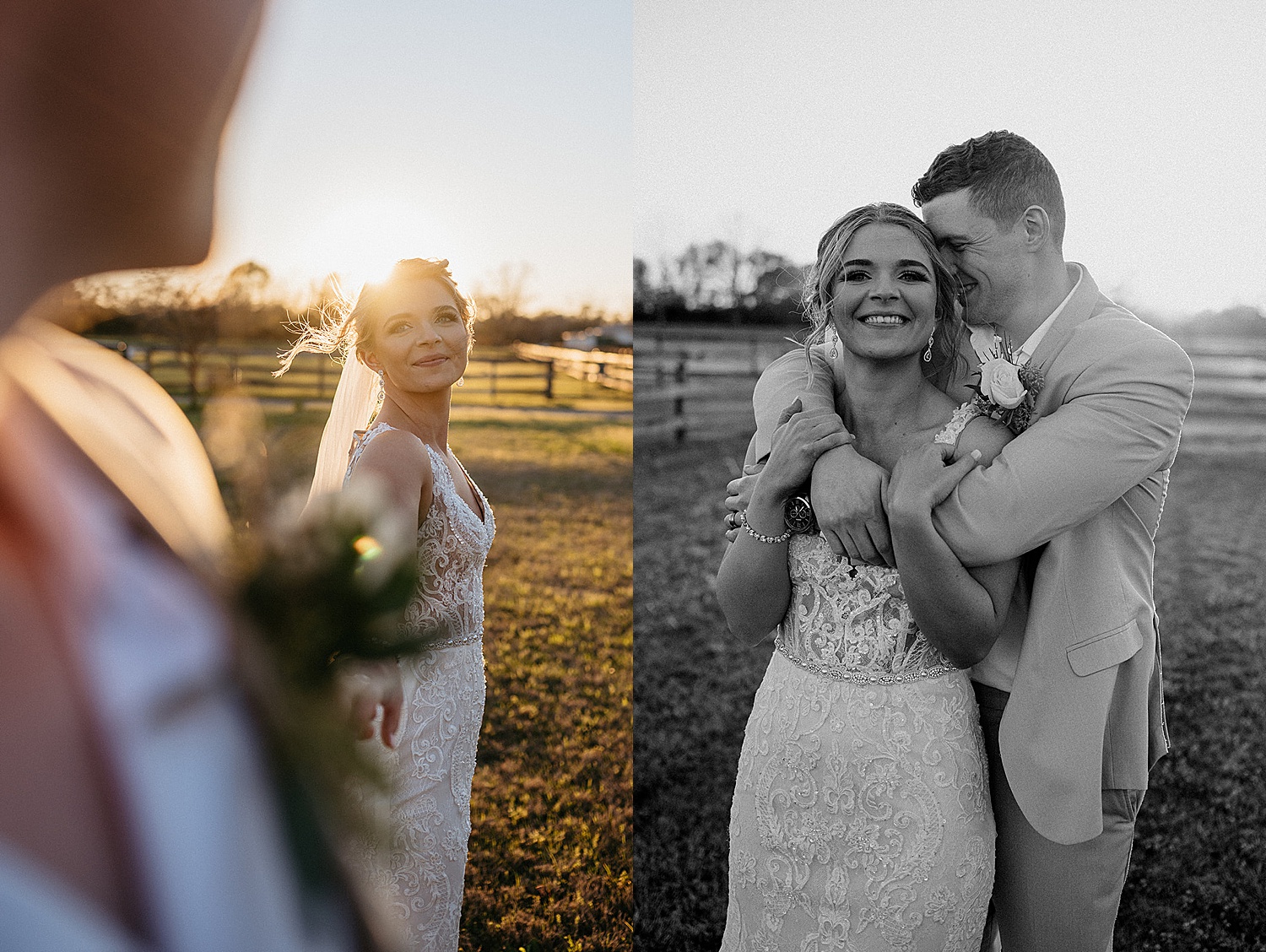 Newly married couple at sunset of farm in Northwest Florida