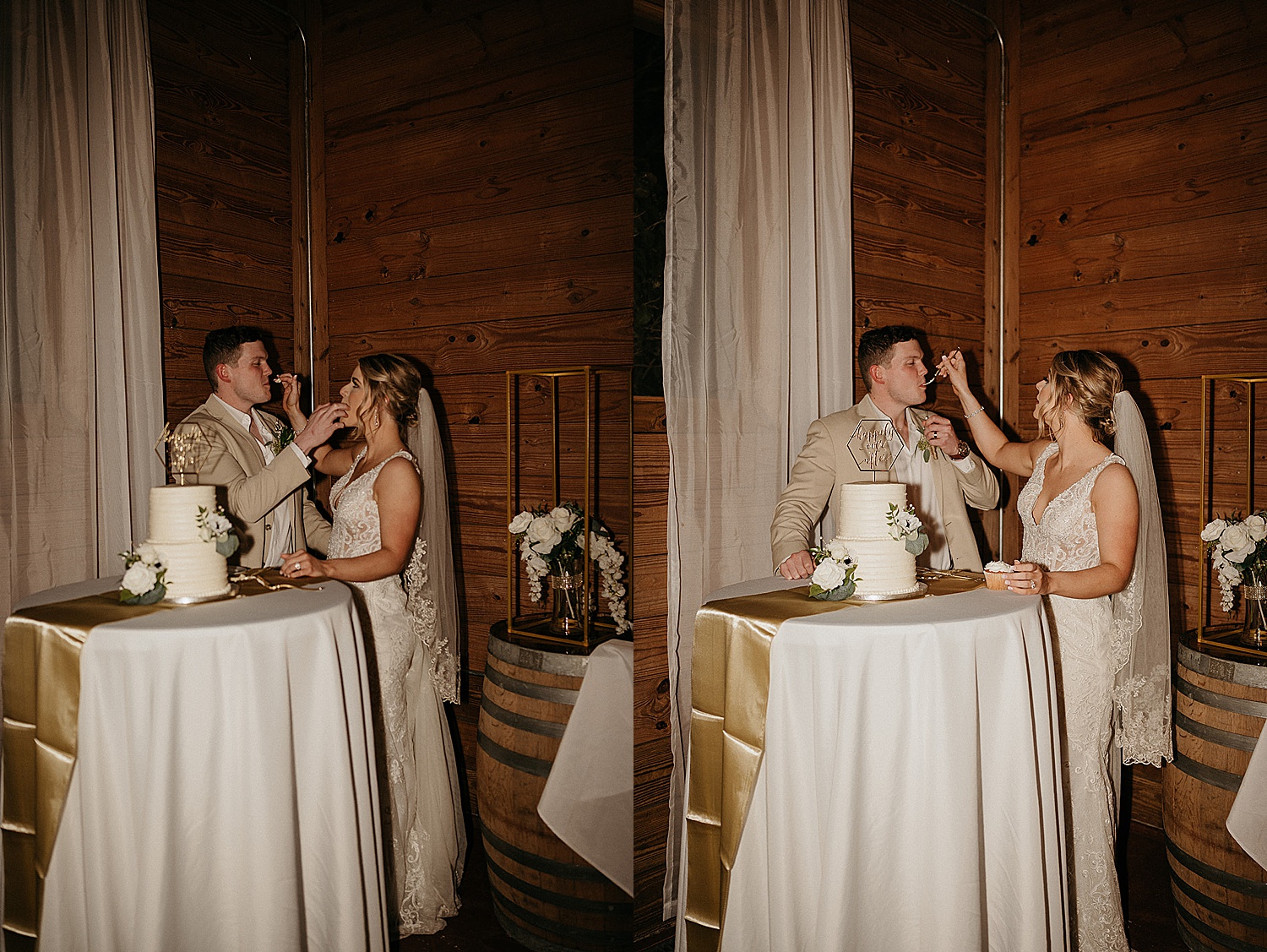 Bride and groom feed each other wedding cake during wedding reception at Lauren Hill Farm