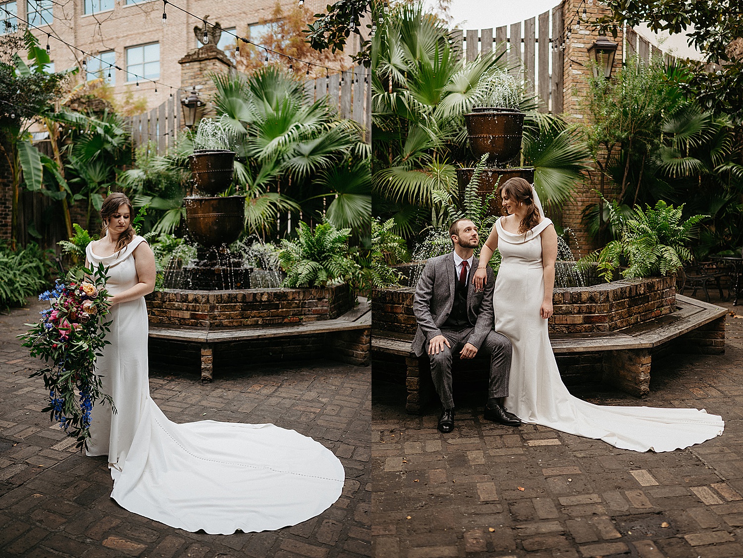 Bride and groom portraits at Seville quarter wedding venue in the courtyard