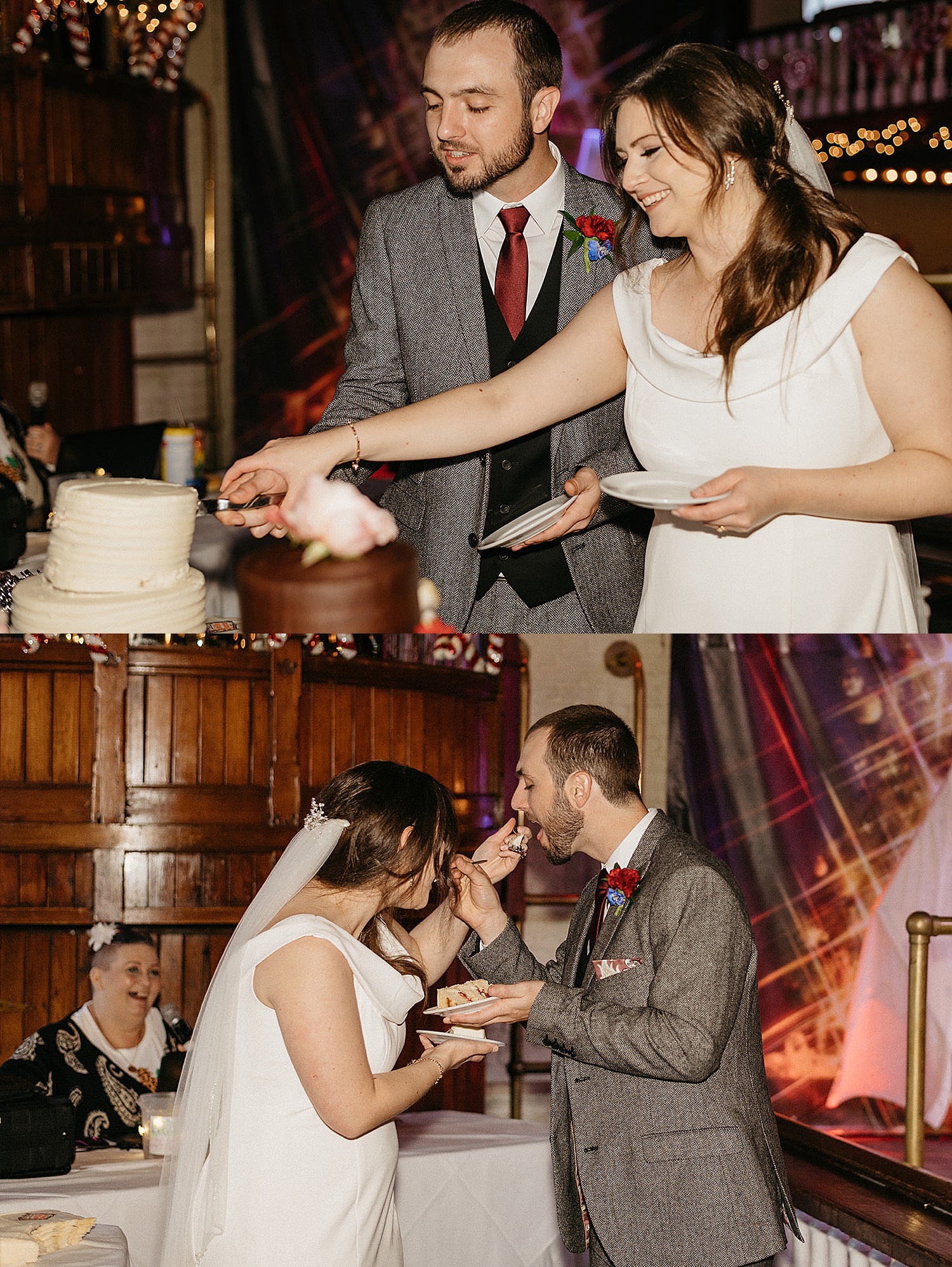 Bride and groom cut wedding cake and feed each other first bites at Seville quarter Wedding