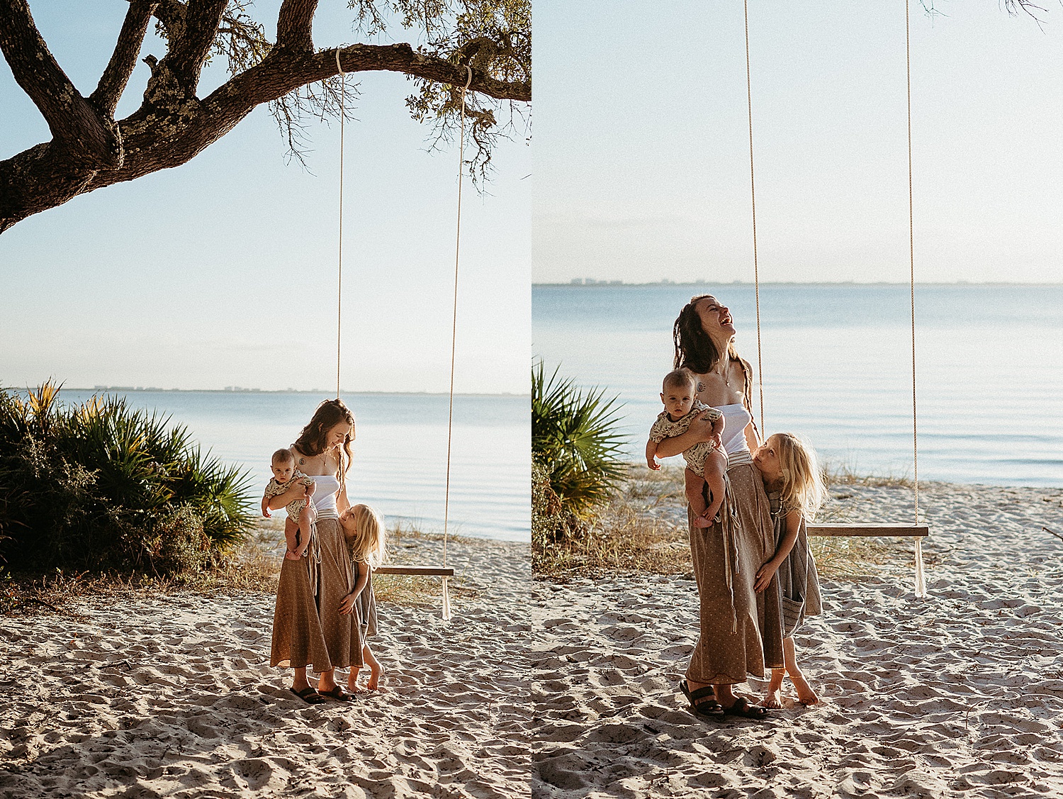 secluded family on the beach with daughter and baby son on swing