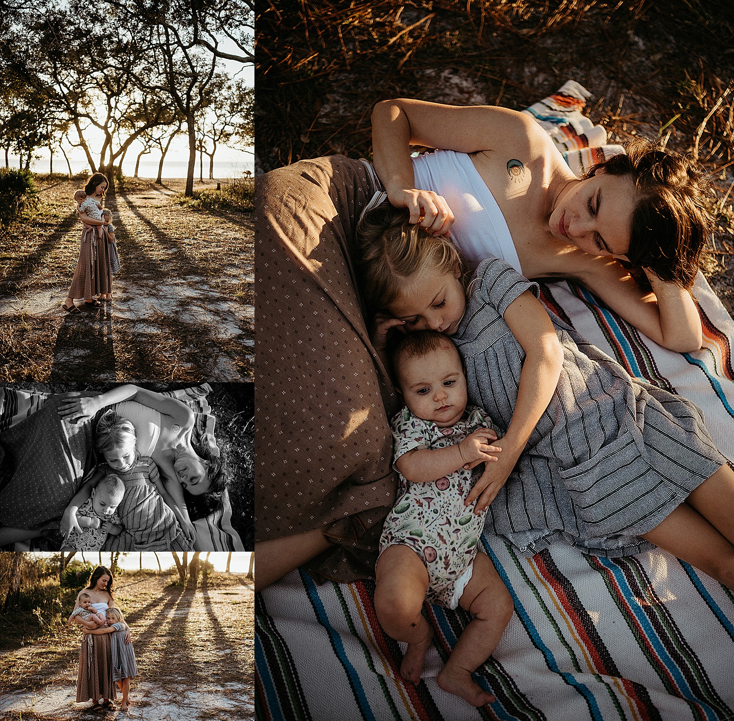 family laying in the trees while sitting on a blanket at sunset 